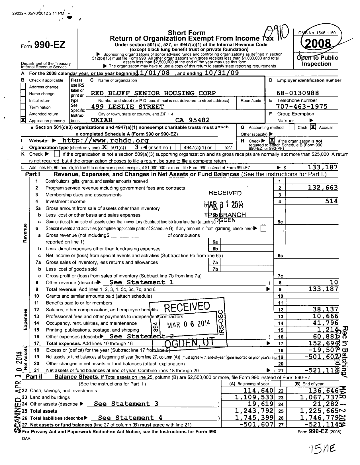 Image of first page of 2008 Form 990EZ for Rural Community Housing Development Corporation / Red Bluff SR Housing Corporation