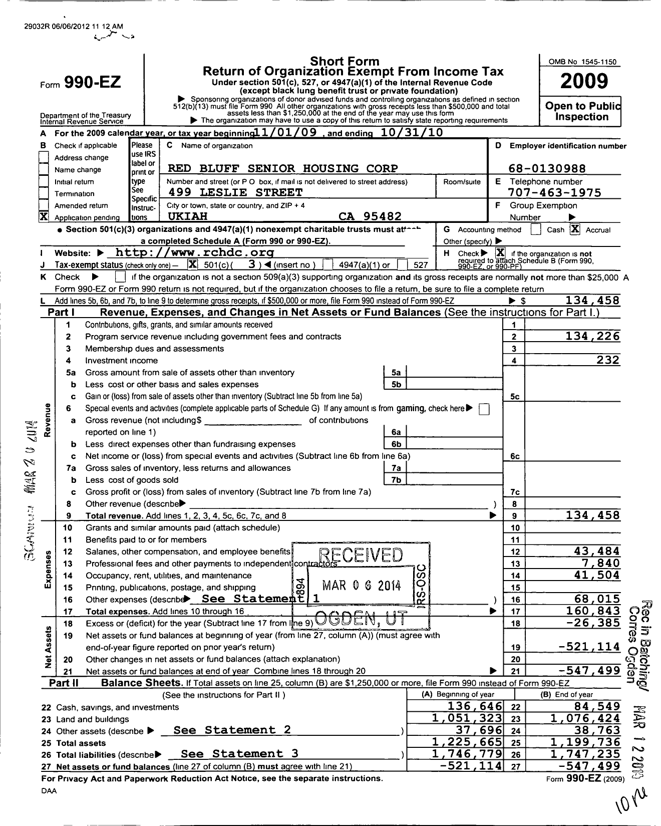 Image of first page of 2009 Form 990EZ for Rural Community Housing Development Corporation / Red Bluff SR Housing Corporation