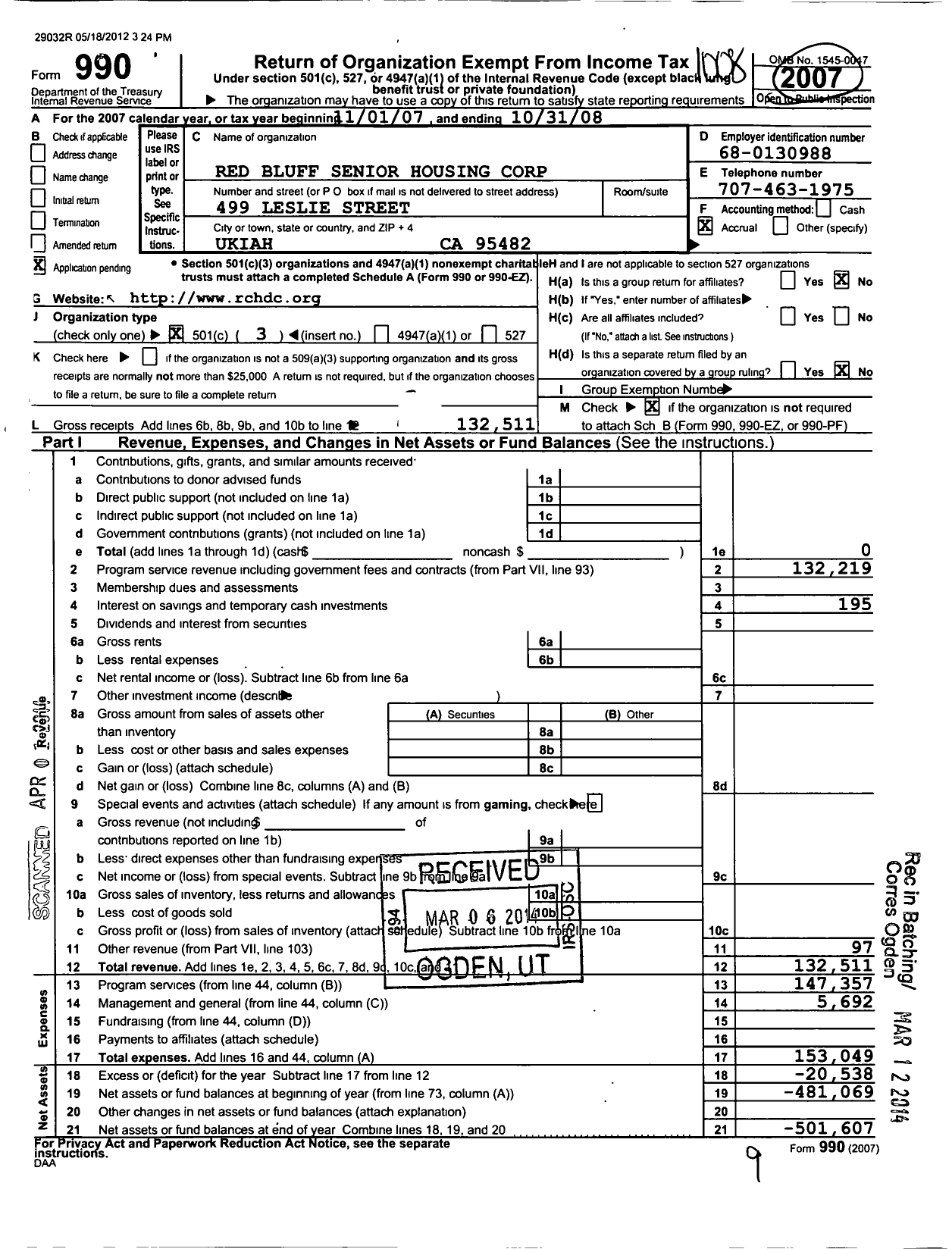 Image of first page of 2007 Form 990 for Rural Community Housing Development Corporation / Red Bluff SR Housing Corporation