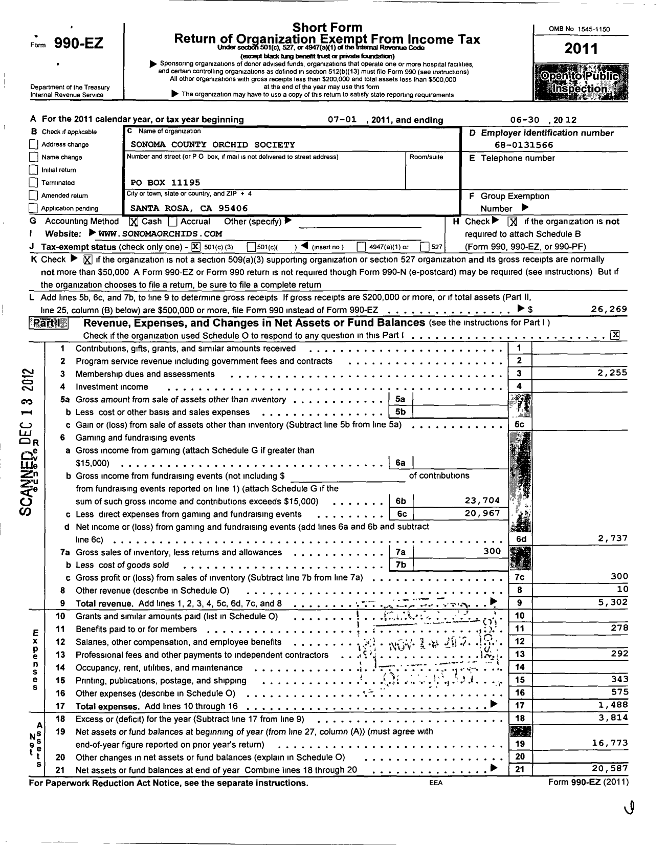 Image of first page of 2011 Form 990EZ for Sonoma County Orchid Society