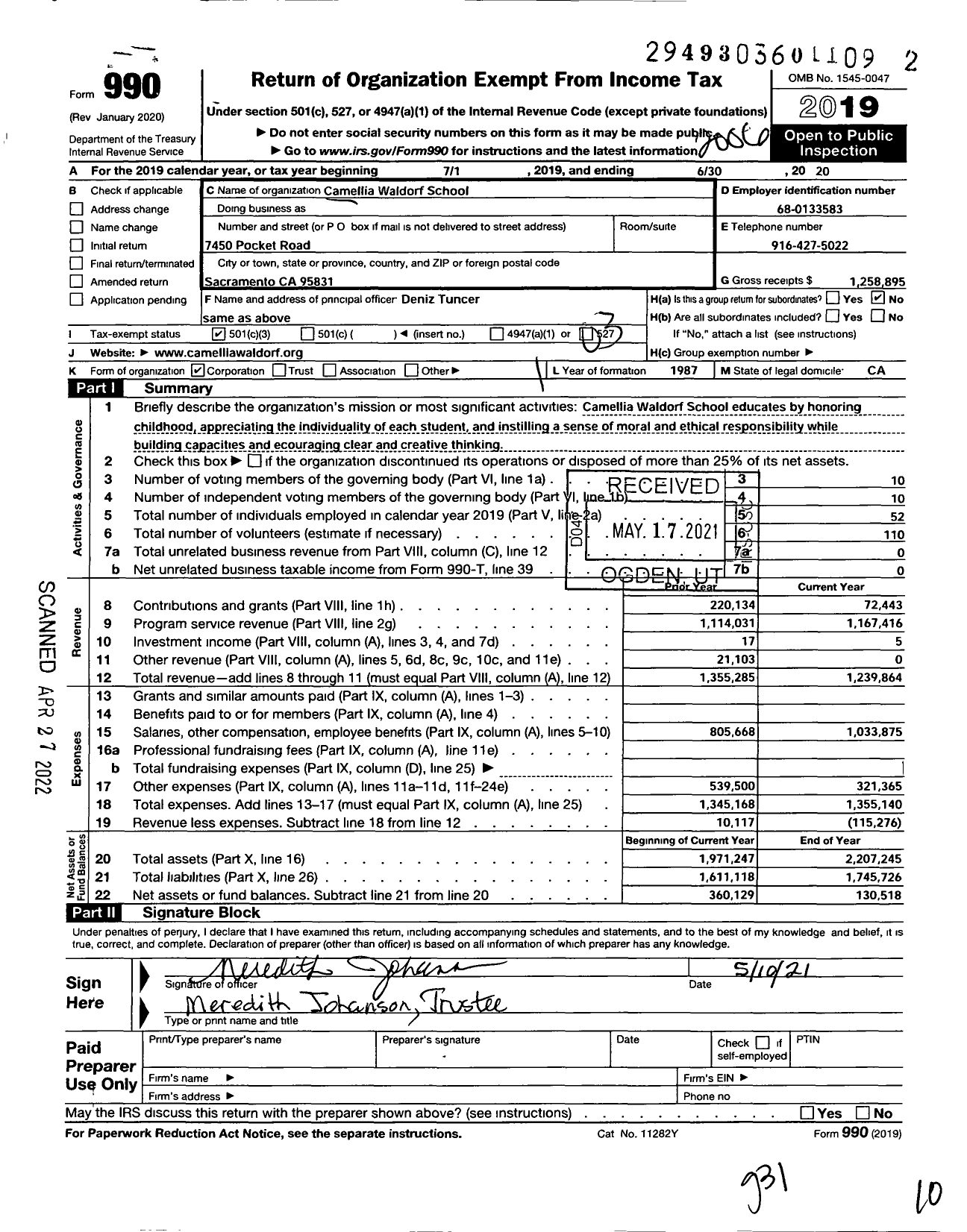 Image of first page of 2019 Form 990 for Camellia Waldorf School