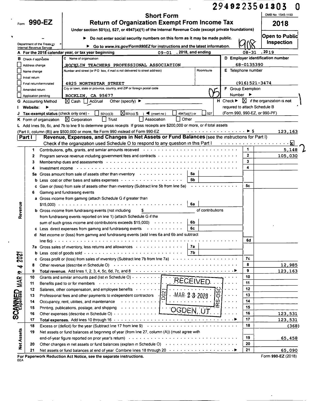 Image of first page of 2018 Form 990EO for California Teachers Association - Rocklin Teachers Professional Assoc