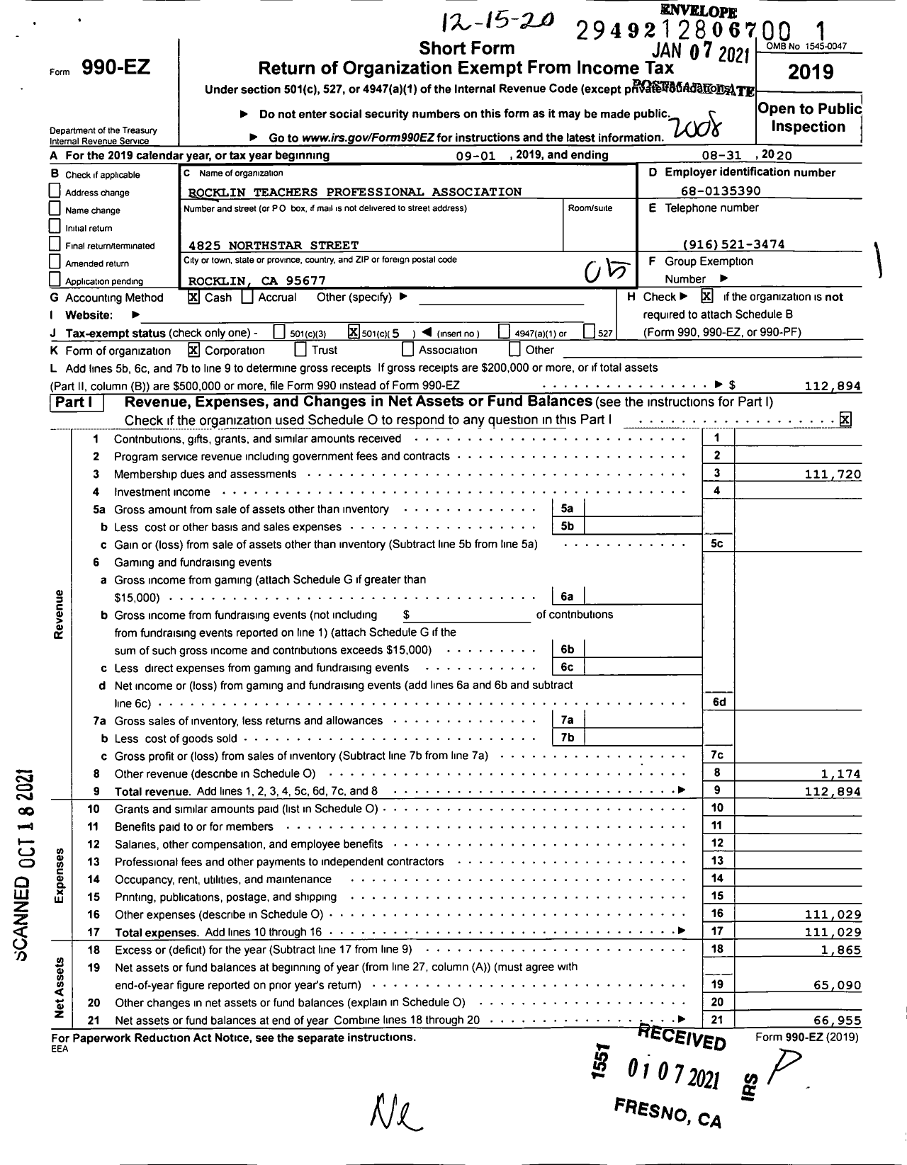 Image of first page of 2019 Form 990EO for California Teachers Association - Rocklin Teachers Professional Assoc