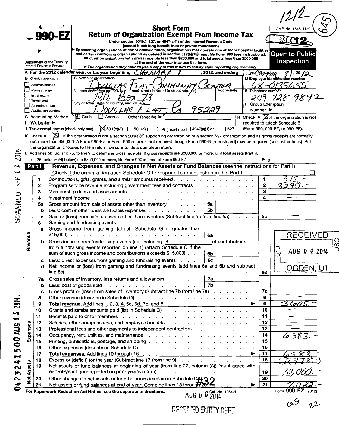 Image of first page of 2012 Form 990EZ for Douglas Flat Community Center