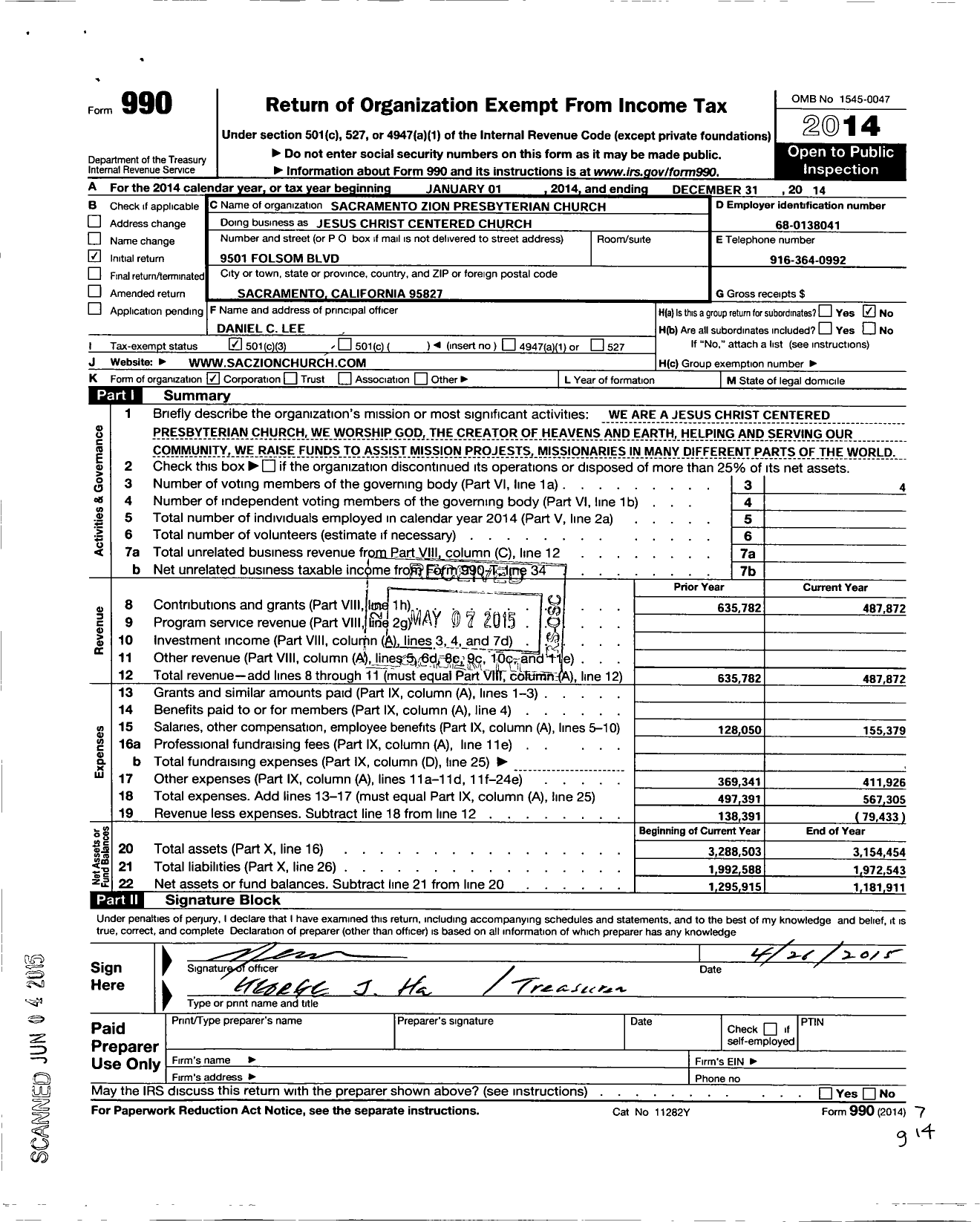 Image of first page of 2014 Form 990 for Sacramento New Zion Presbyterian Church
