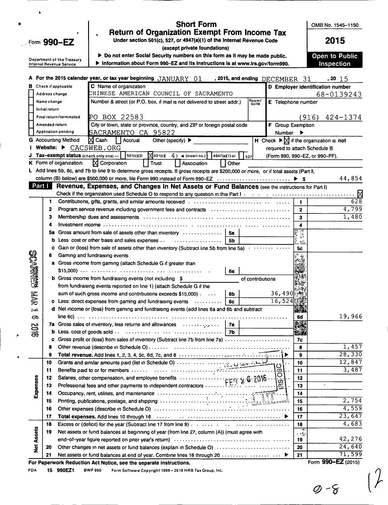 Image of first page of 2015 Form 990EO for Chinese American Council of Sacramento