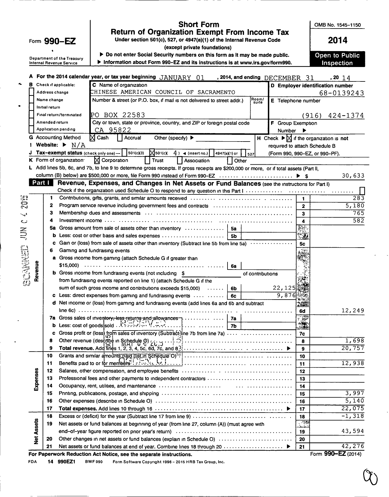 Image of first page of 2014 Form 990EO for Chinese American Council of Sacramento