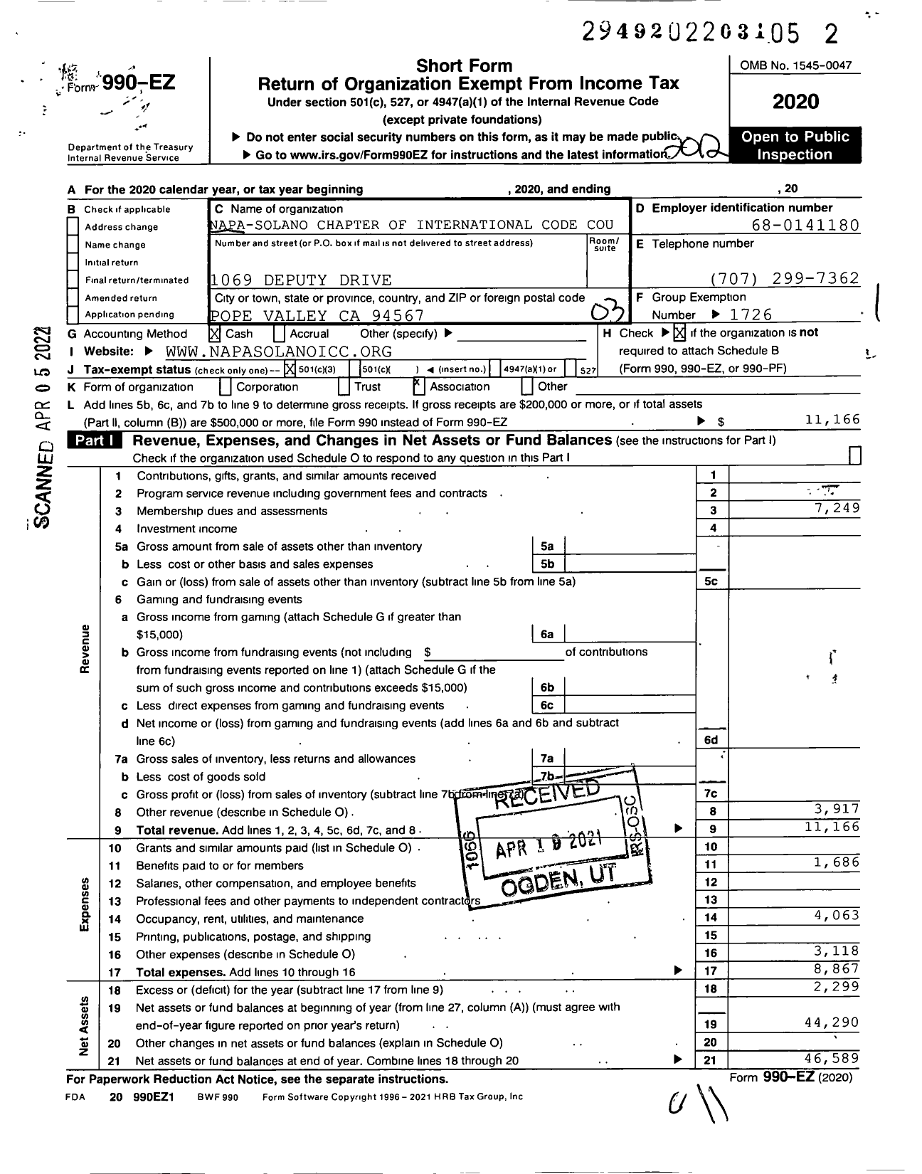 Image of first page of 2020 Form 990EZ for Napa-Solano Chapter of International Code Council