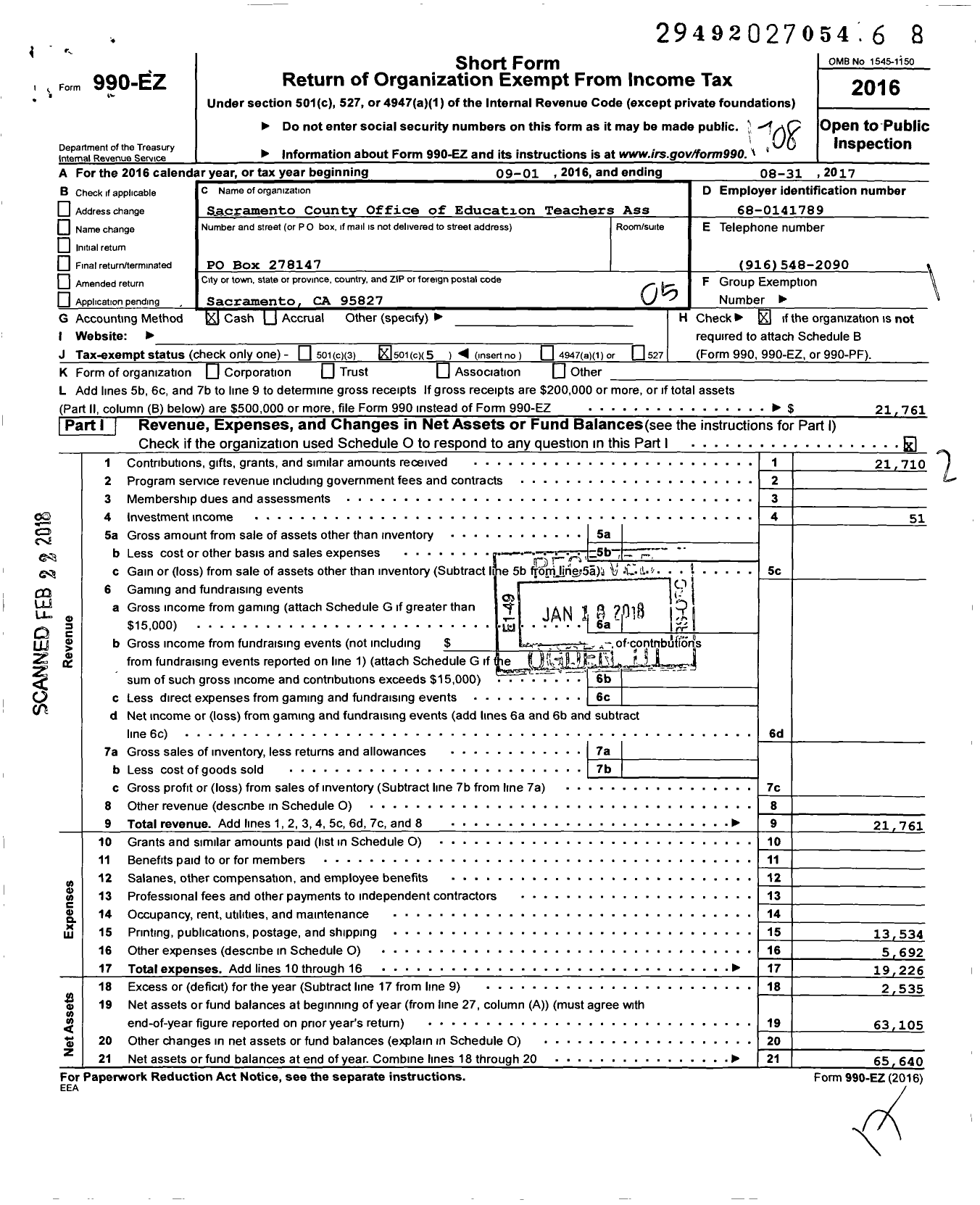 Image of first page of 2016 Form 990EO for California Teachers Association - Sacramento County Office of Ed Ta