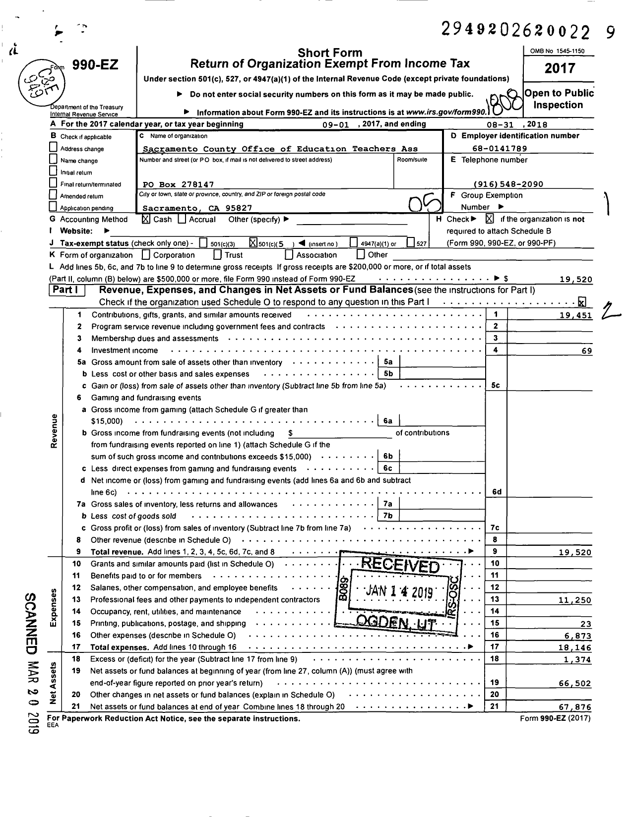 Image of first page of 2017 Form 990EO for California Teachers Association - Sacramento County Office of Ed Ta