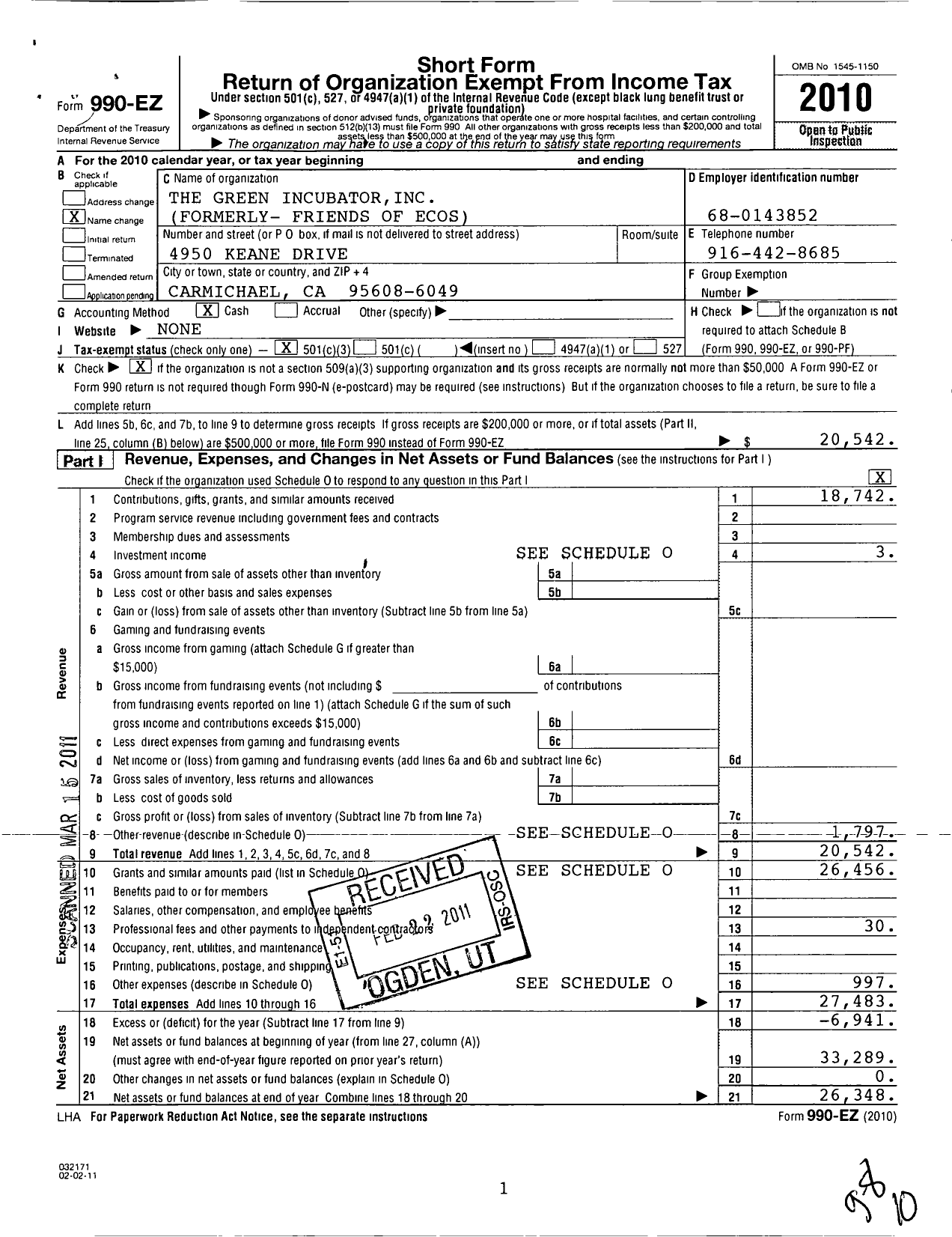 Image of first page of 2010 Form 990EZ for The Green Incubator