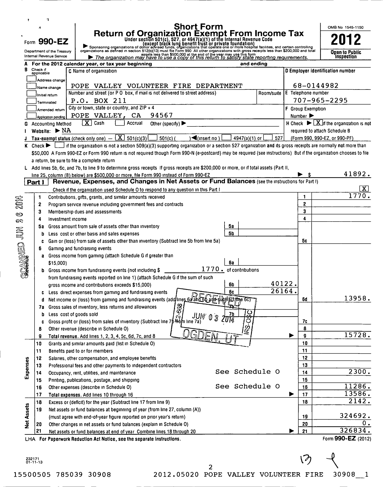 Image of first page of 2012 Form 990EZ for Pope Valley Volunteer Fire Department