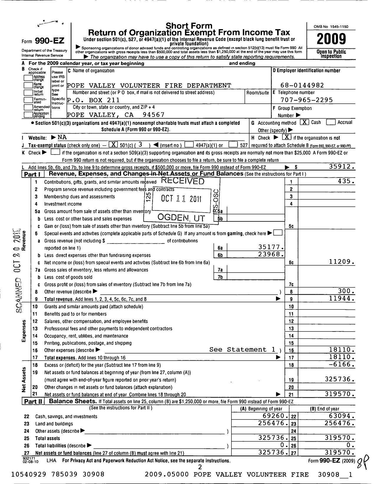 Image of first page of 2009 Form 990EZ for Pope Valley Volunteer Fire Department