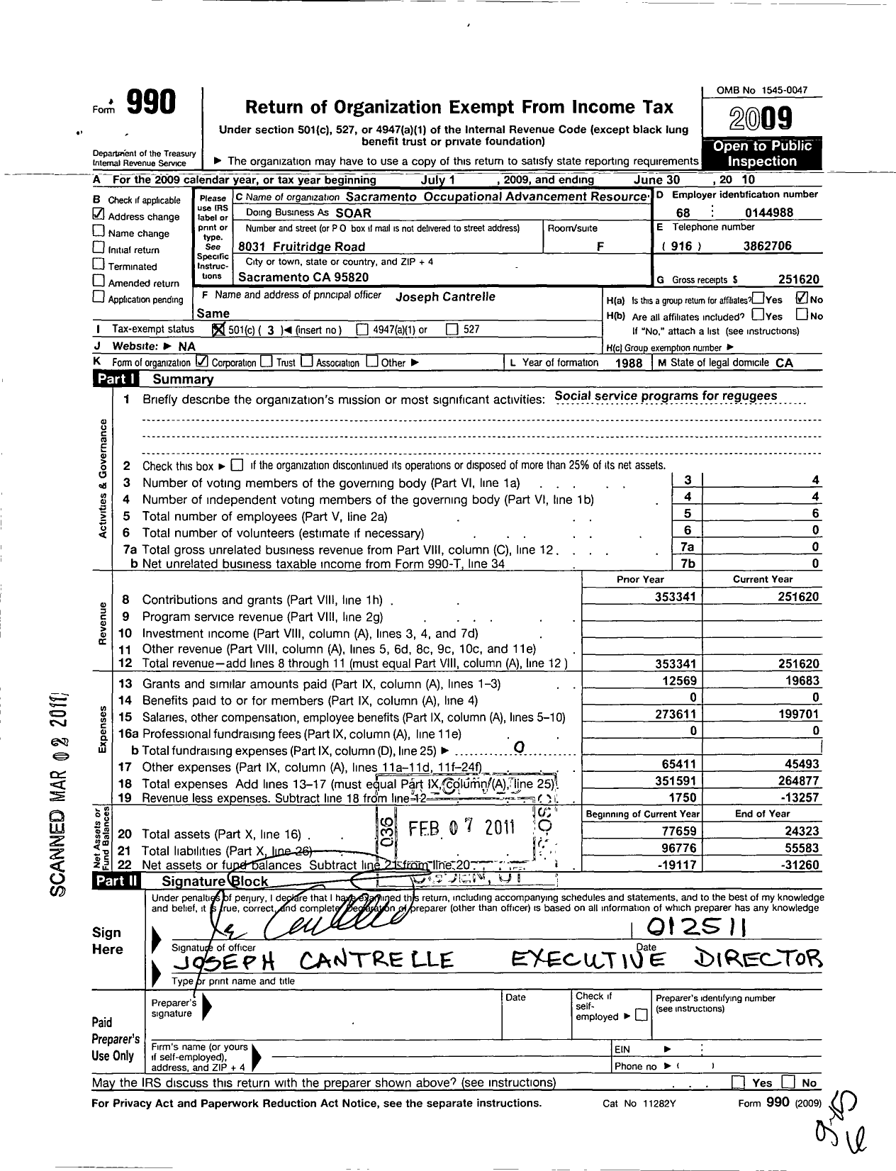 Image of first page of 2009 Form 990 for Sacramento Occupational Advancement Resources