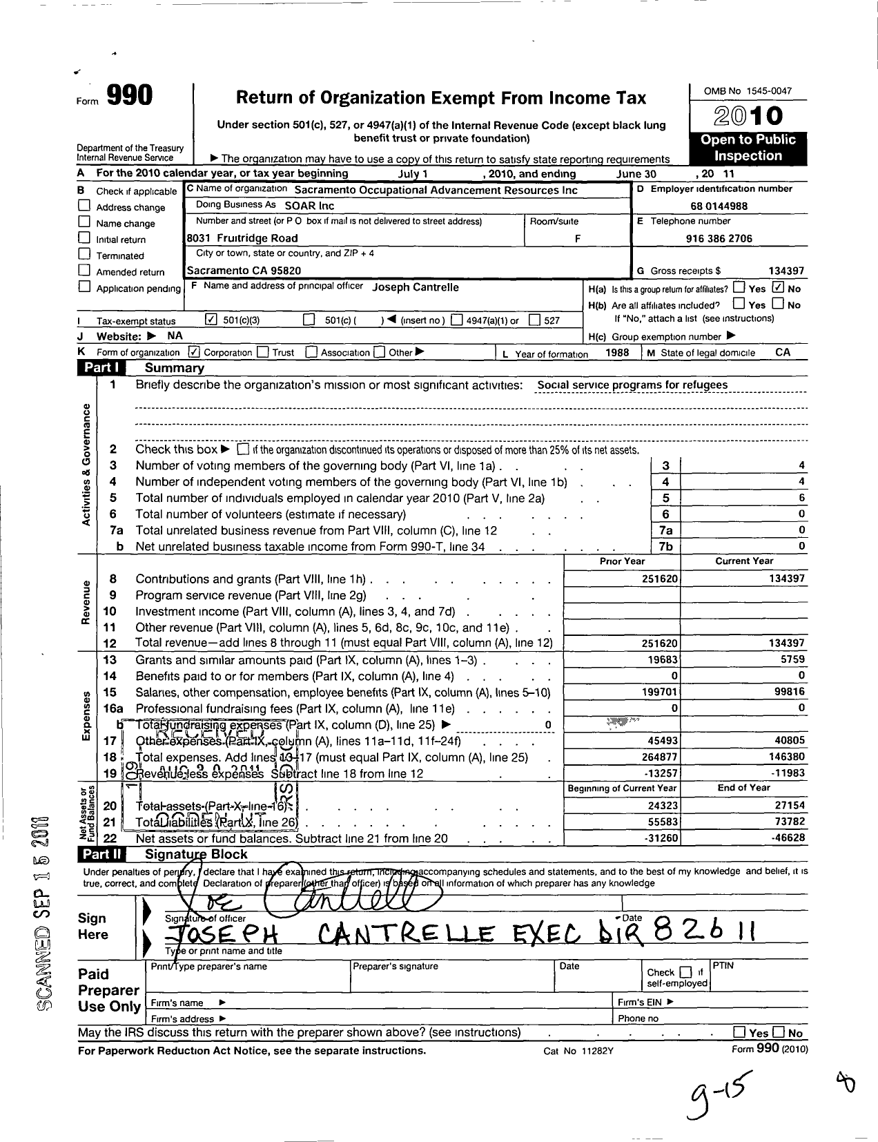 Image of first page of 2010 Form 990 for Sacramento Occupational Advancement Resources