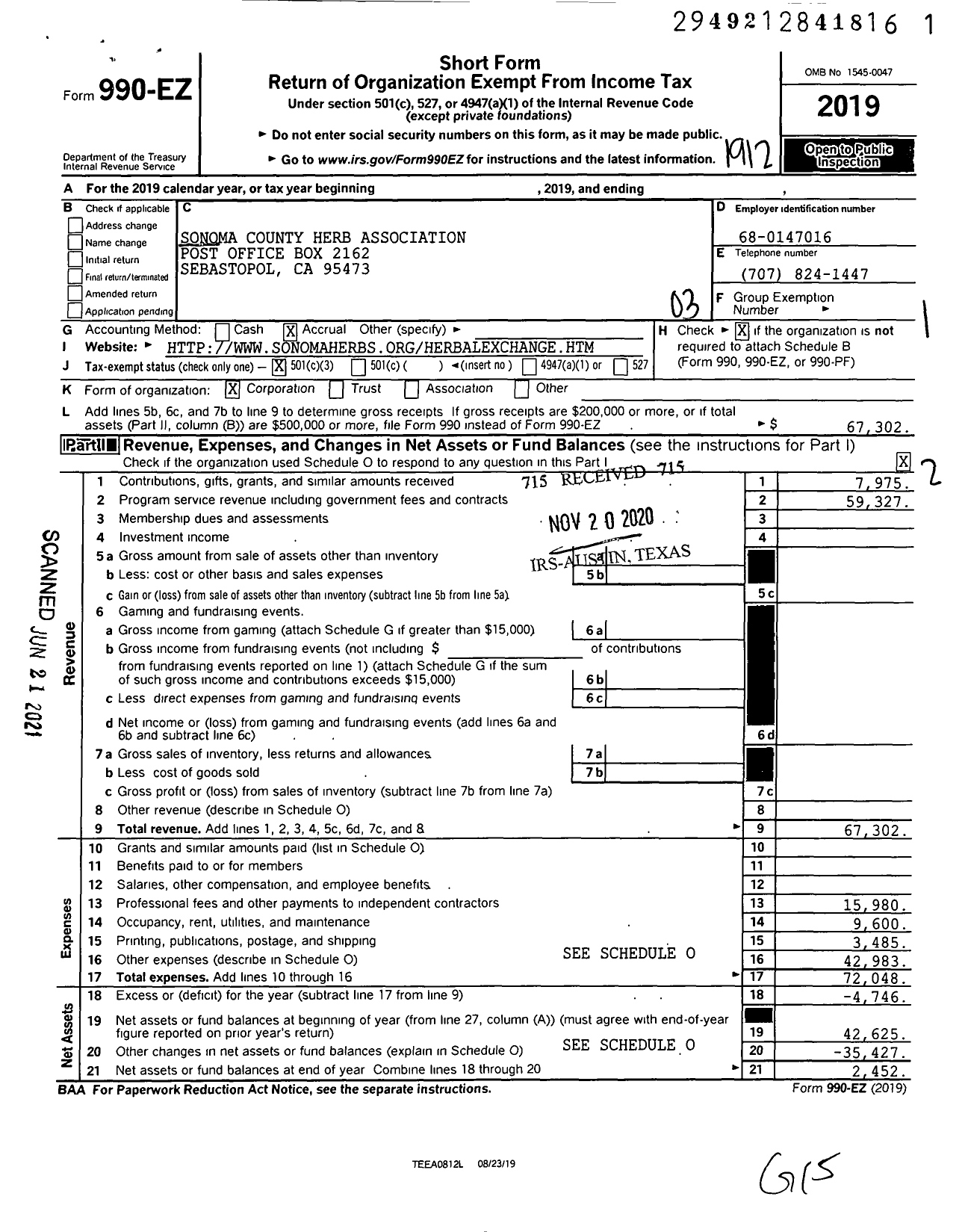 Image of first page of 2019 Form 990EZ for Sonoma County Herb Association