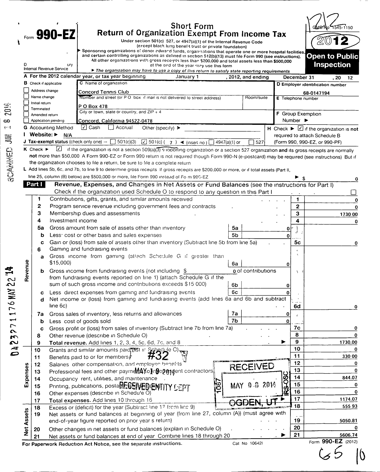 Image of first page of 2012 Form 990EO for Concord Tennis Club