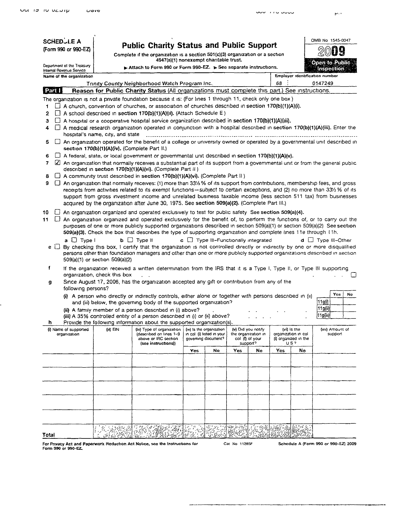 Image of first page of 2009 Form 990ER for Trinity County Sheriffs Auxiliary