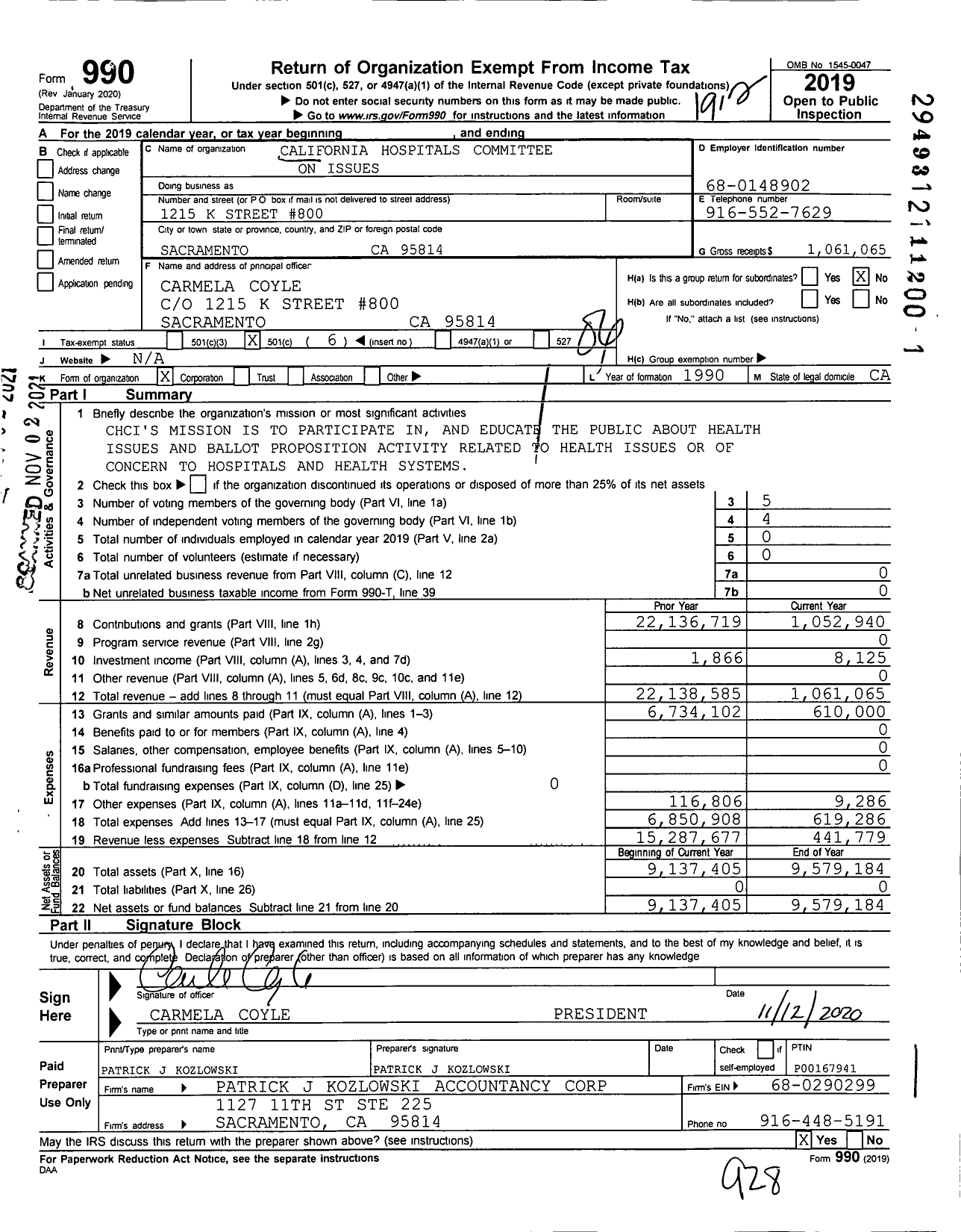 Image of first page of 2019 Form 990O for California Hospitals Committee on Issues
