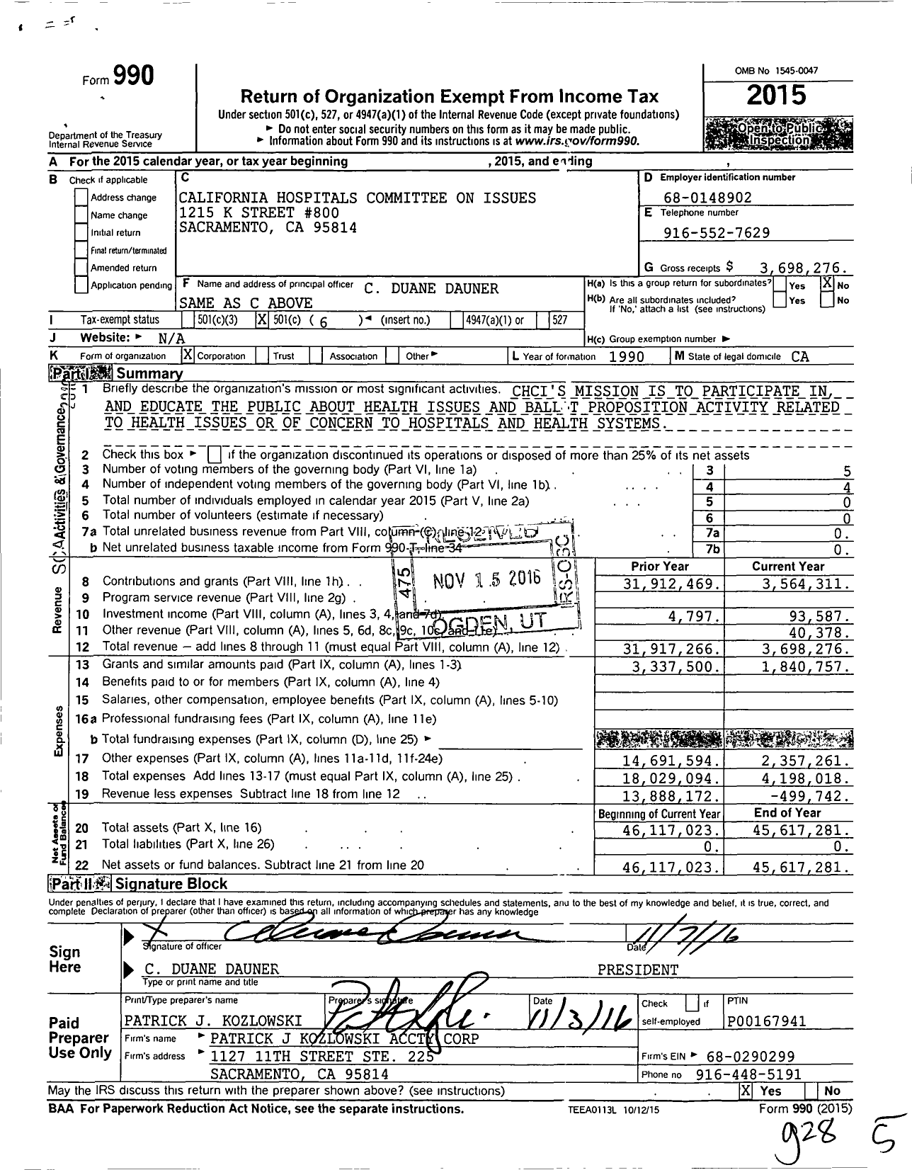 Image of first page of 2015 Form 990O for California Hospitals Committee on Issues