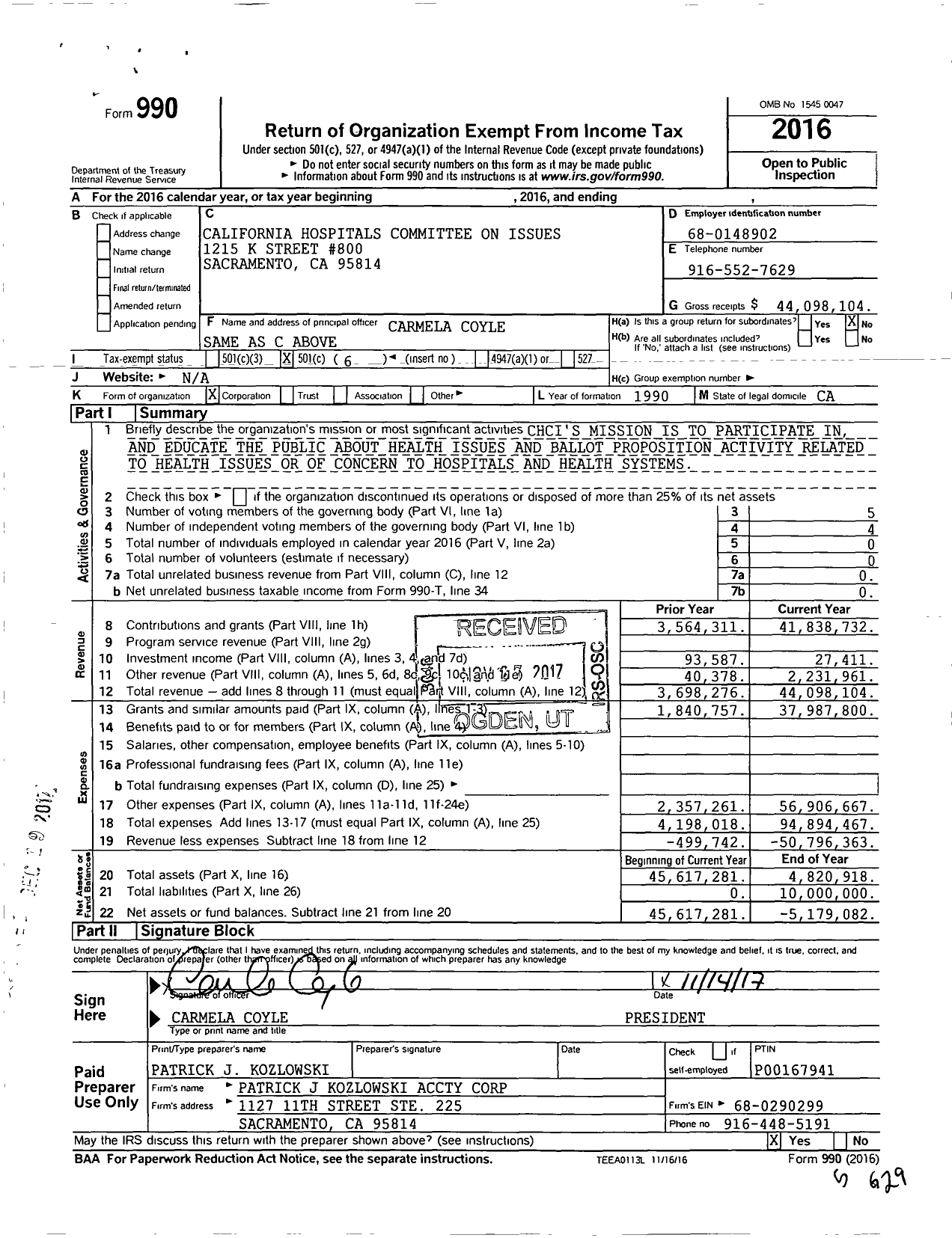 Image of first page of 2016 Form 990O for California Hospitals Committee on Issues