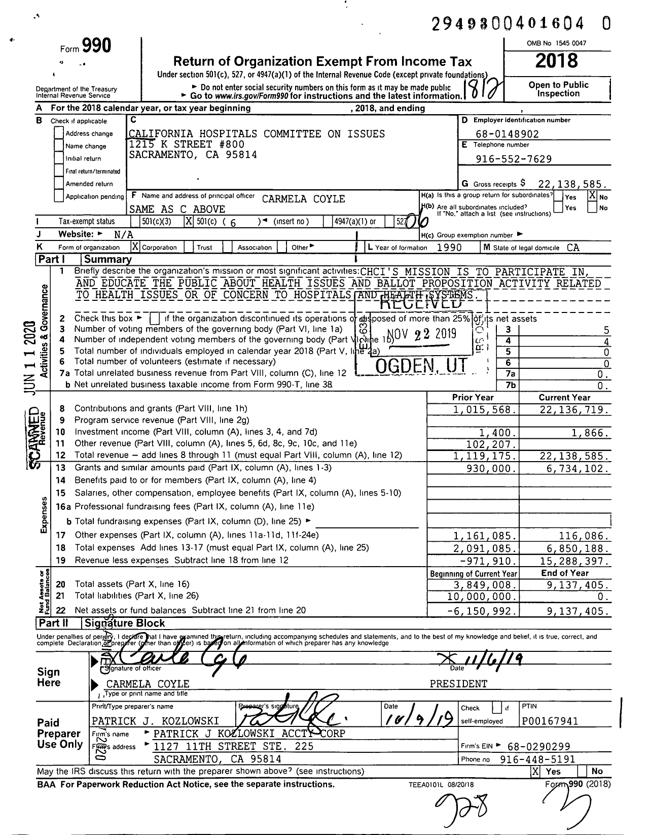 Image of first page of 2018 Form 990O for California Hospitals Committee on Issues