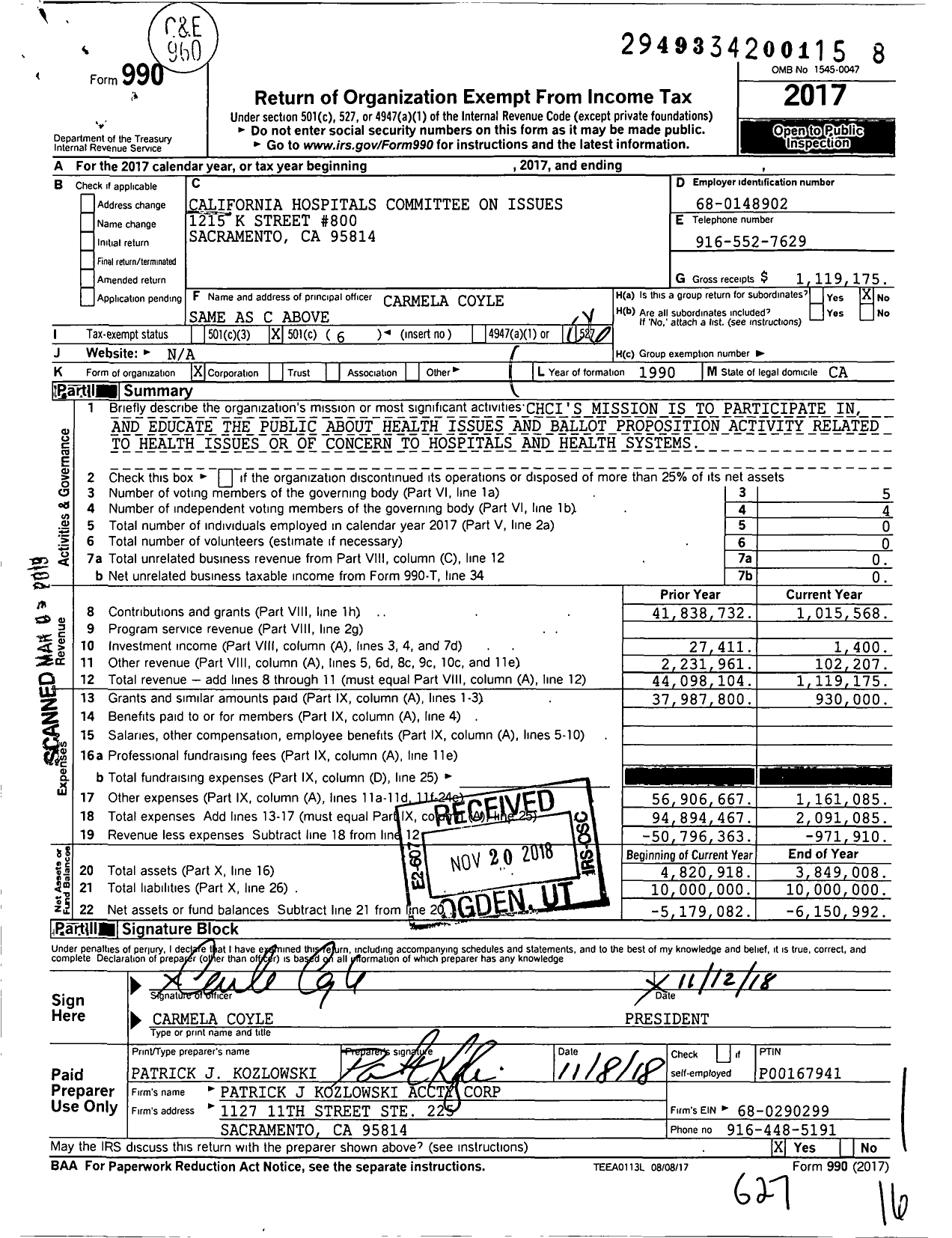 Image of first page of 2017 Form 990O for California Hospitals Committee on Issues
