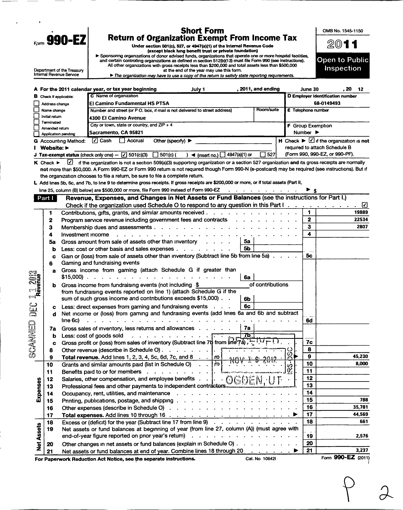 Image of first page of 2011 Form 990EZ for California State PTA - El Camino Fundamental High Ptsa