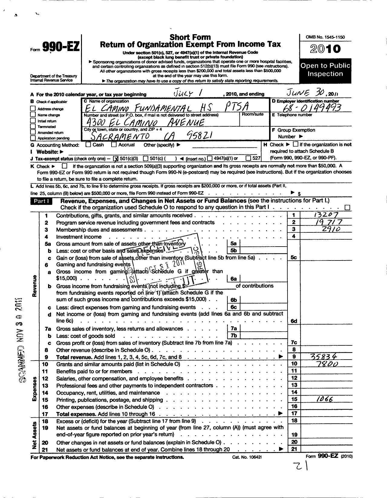 Image of first page of 2010 Form 990EZ for California State PTA - El Camino Fundamental High Ptsa