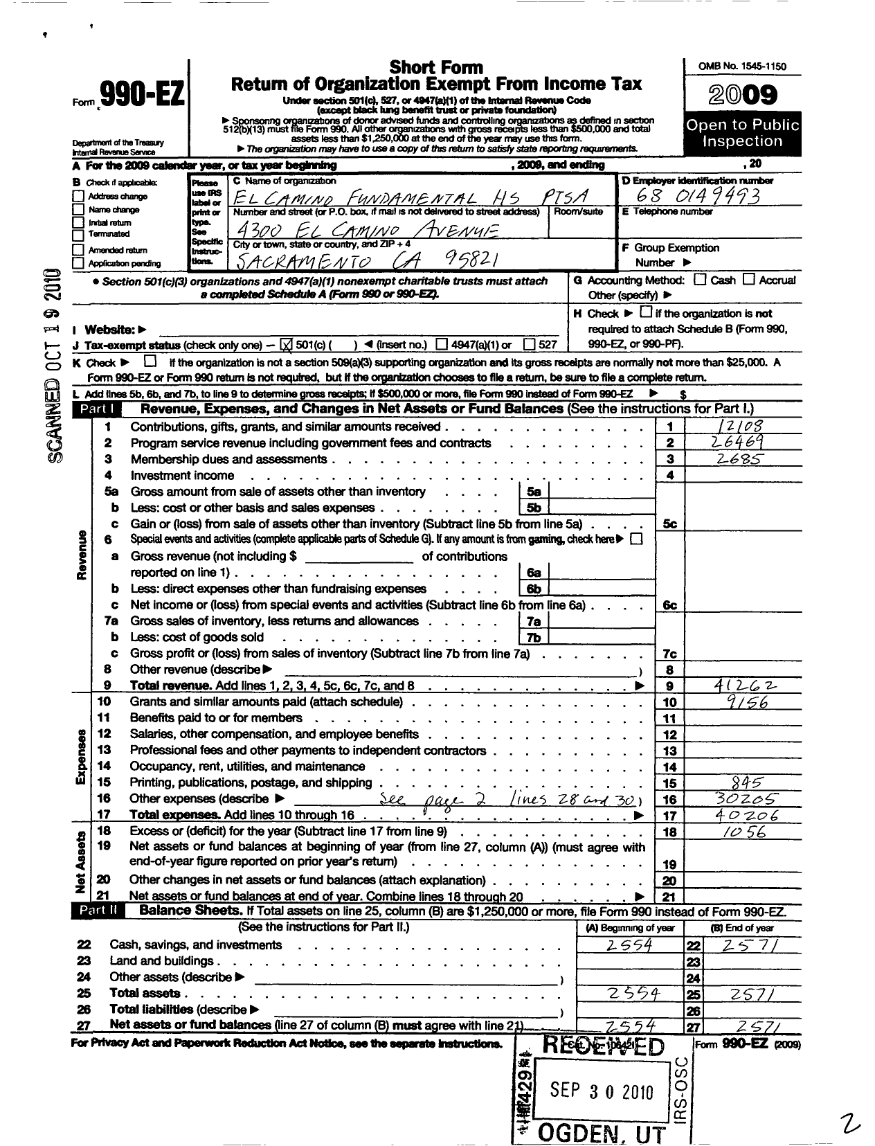 Image of first page of 2009 Form 990EO for California State PTA - El Camino Fundamental High Ptsa