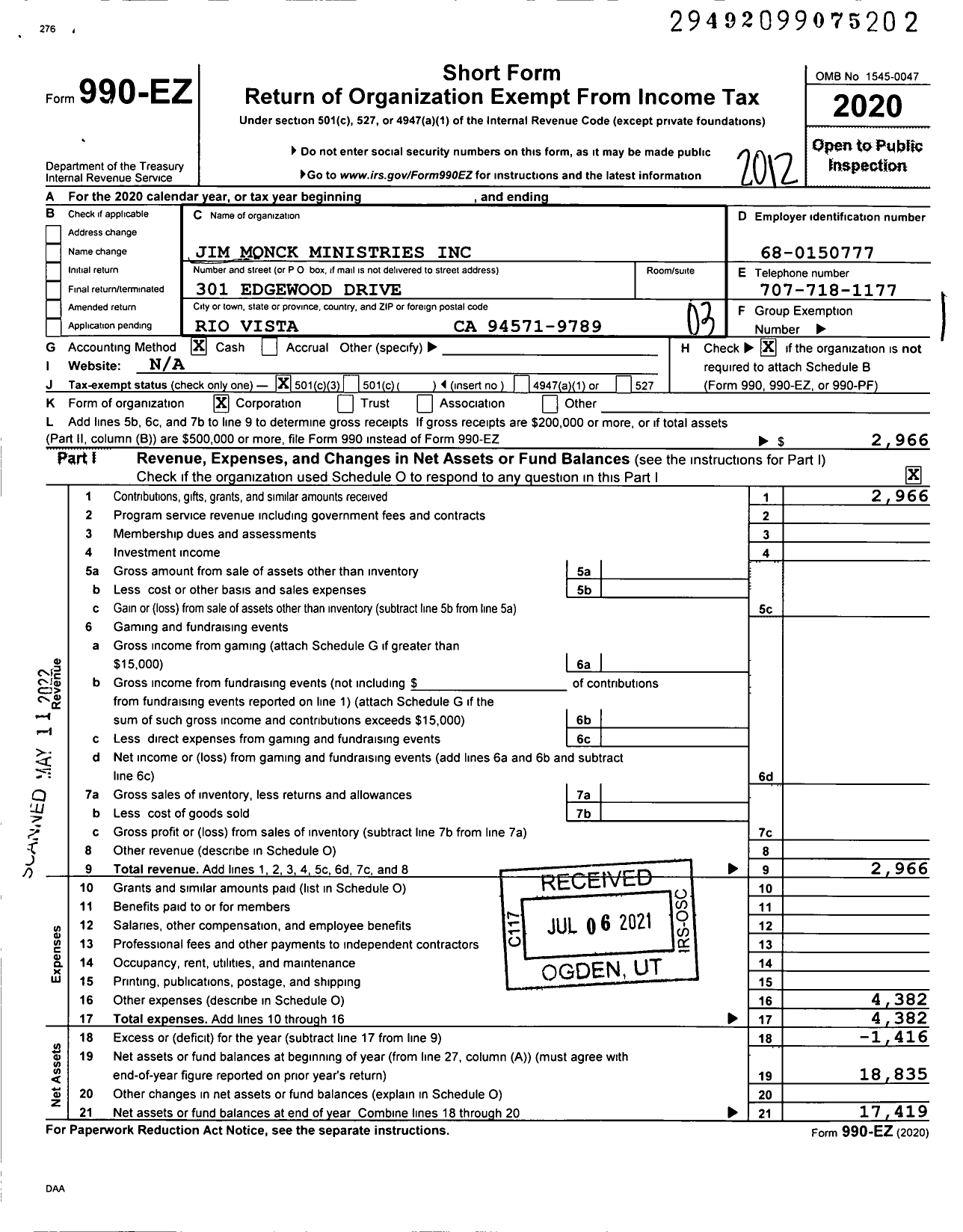 Image of first page of 2020 Form 990EZ for Jim Monck Ministries