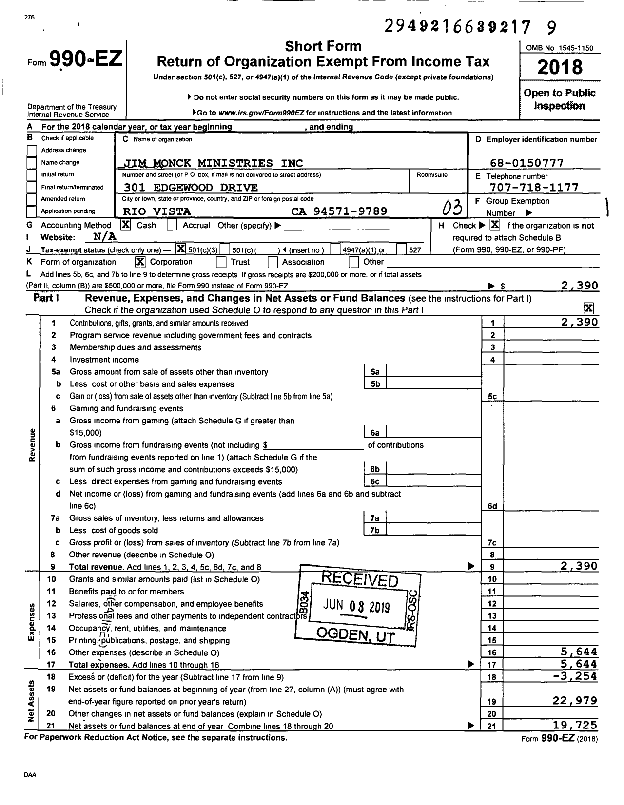 Image of first page of 2018 Form 990EZ for Jim Monck Ministries