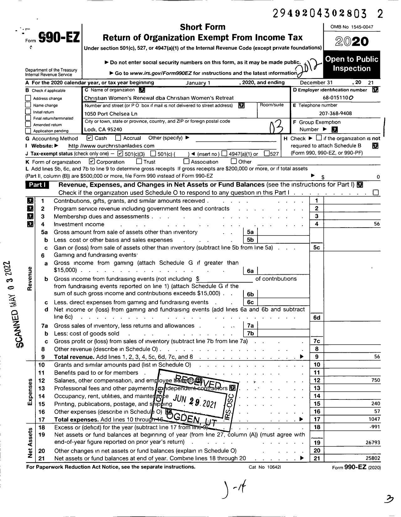 Image of first page of 2020 Form 990EZ for Christian Womens Retreat