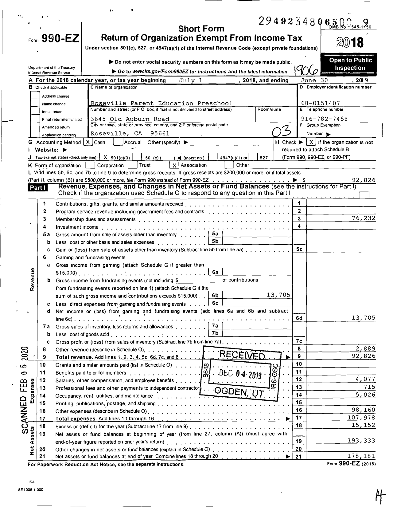 Image of first page of 2018 Form 990EZ for Roseville Parent Education Preschool