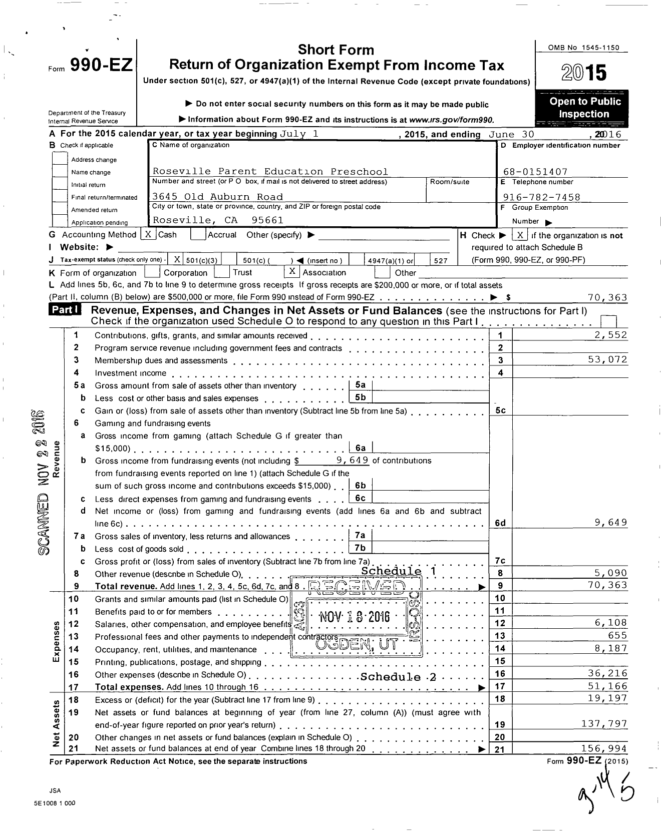 Image of first page of 2015 Form 990EZ for Roseville Parent Education Preschool
