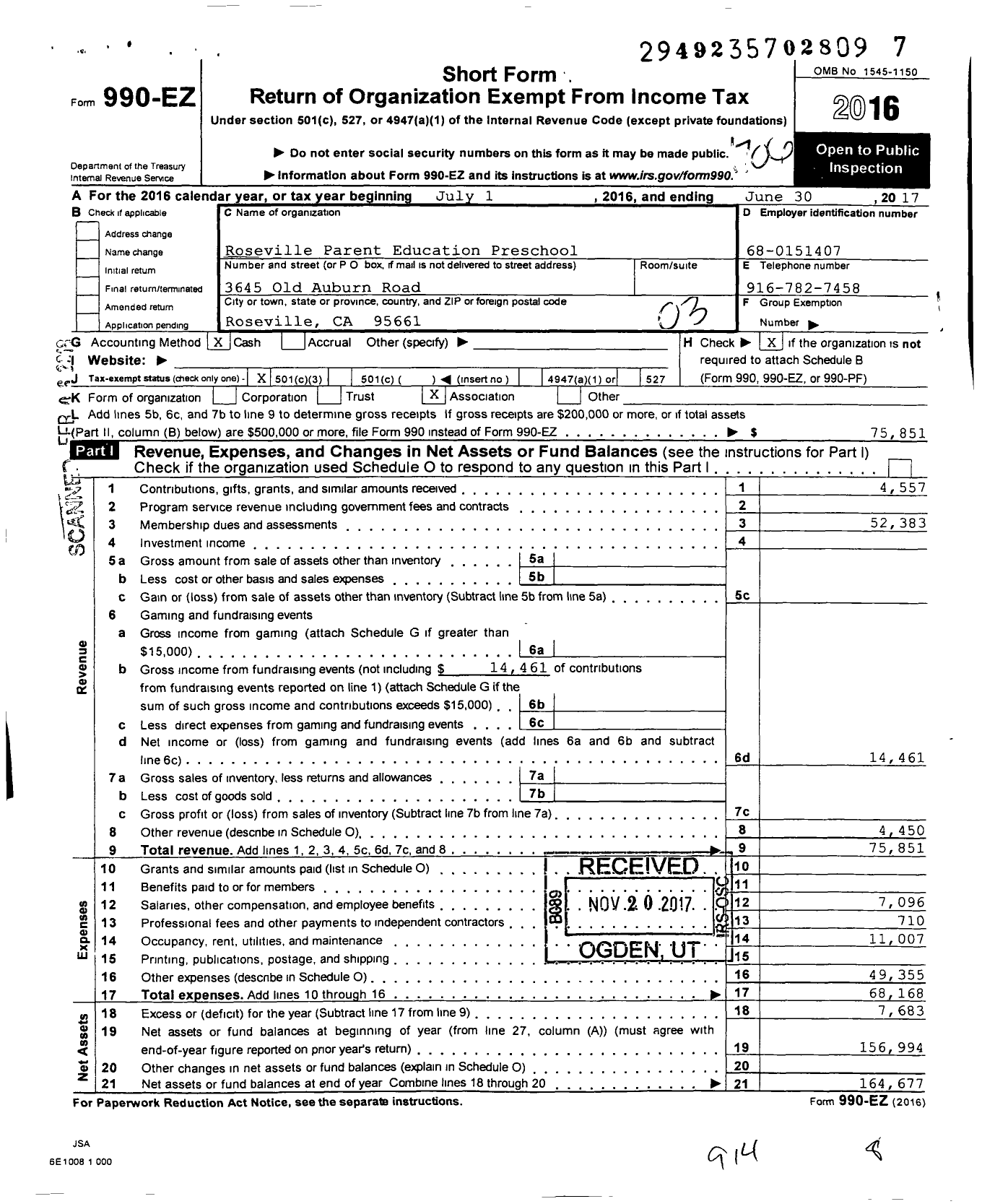 Image of first page of 2016 Form 990EZ for Roseville Parent Education Preschool