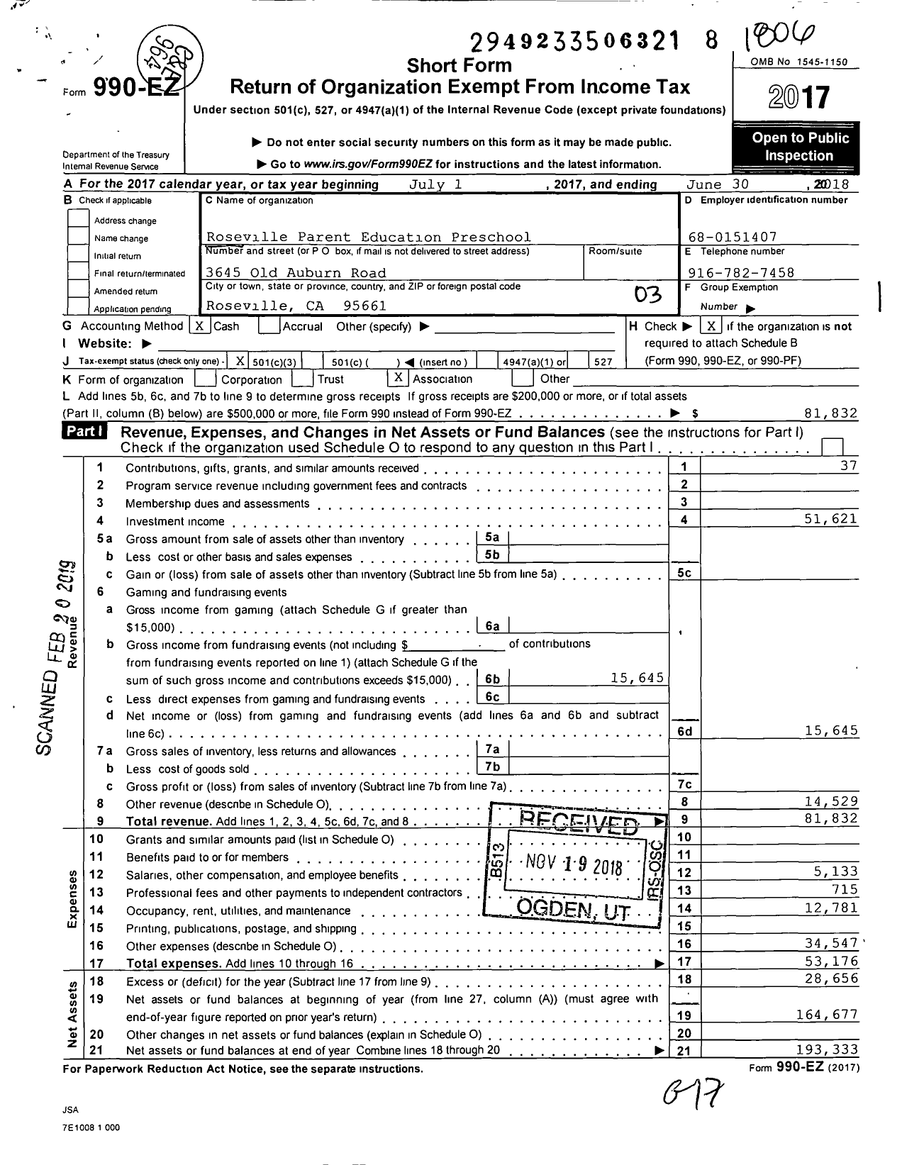 Image of first page of 2017 Form 990EZ for Roseville Parent Education Preschool