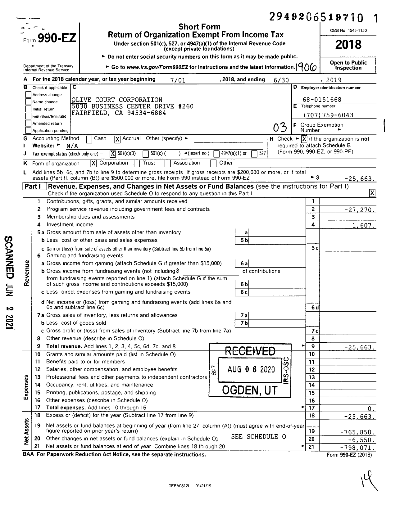 Image of first page of 2018 Form 990EZ for Olive Court Corporation