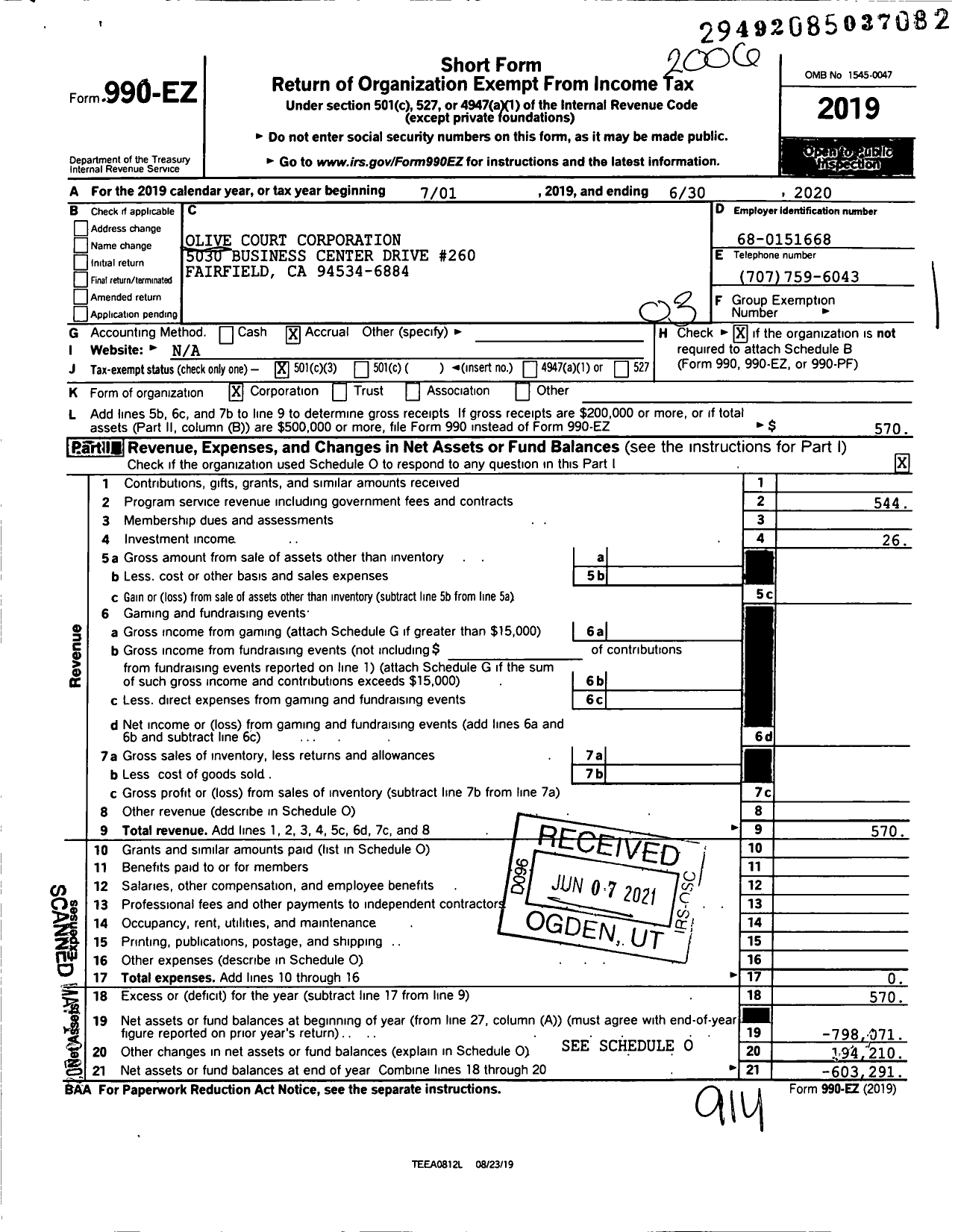 Image of first page of 2019 Form 990EZ for Olive Court Corporation