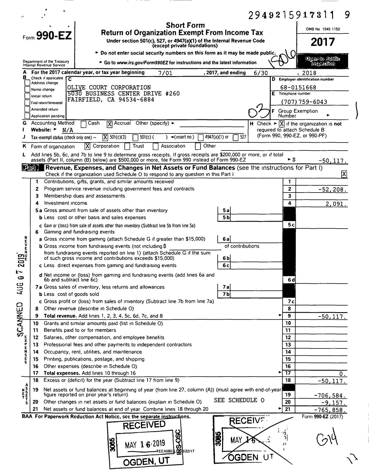 Image of first page of 2017 Form 990EZ for Olive Court Corporation