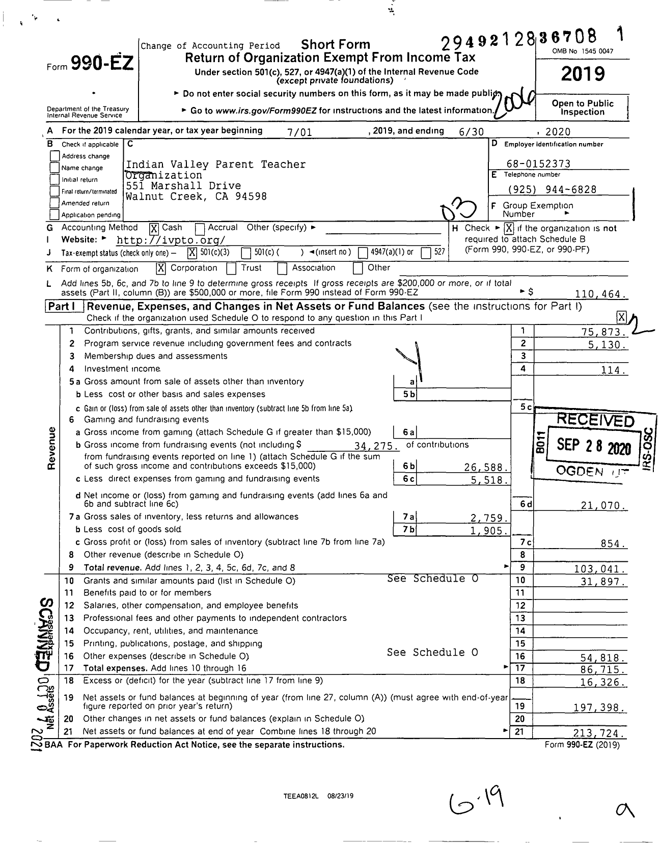 Image of first page of 2019 Form 990EZ for Indian Valley Parent Teacher Organization