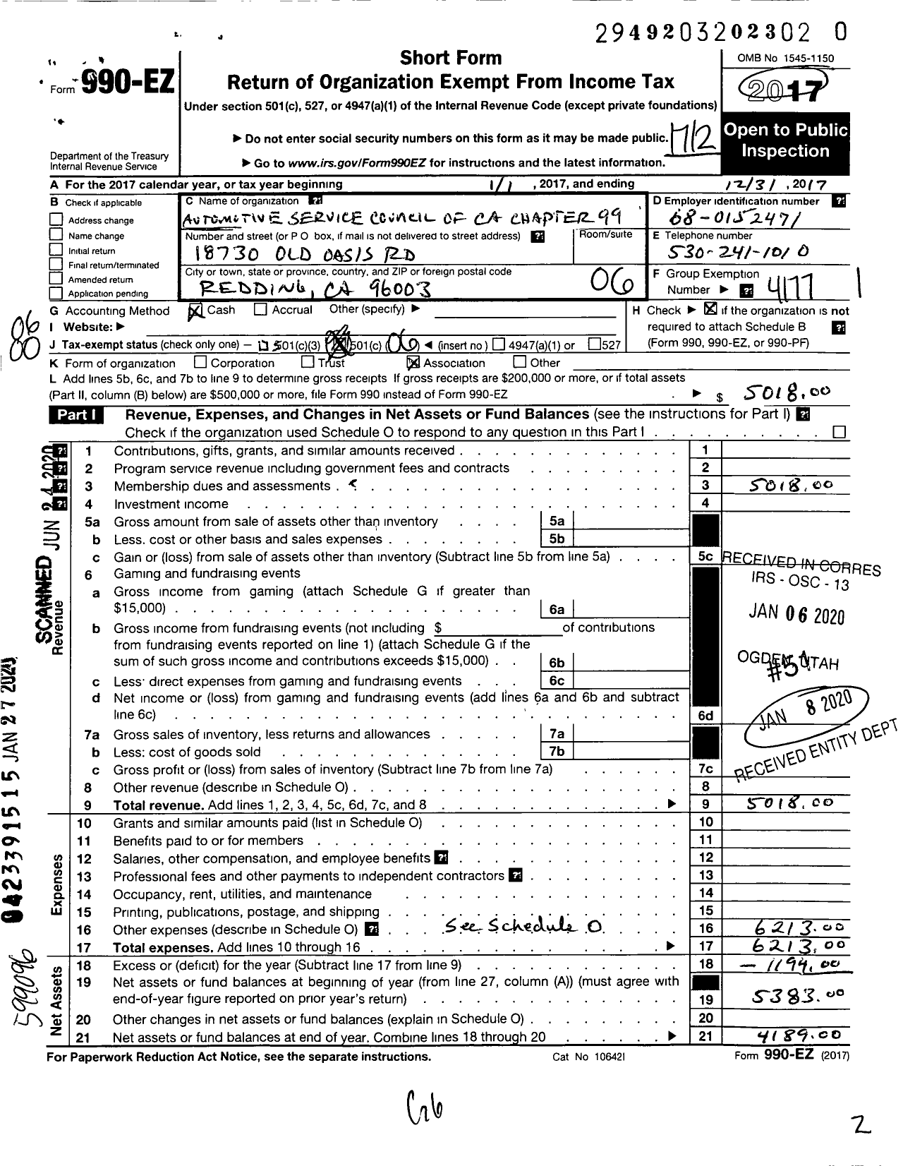 Image of first page of 2017 Form 990EO for Automotive Service Councils of California Chapter 99