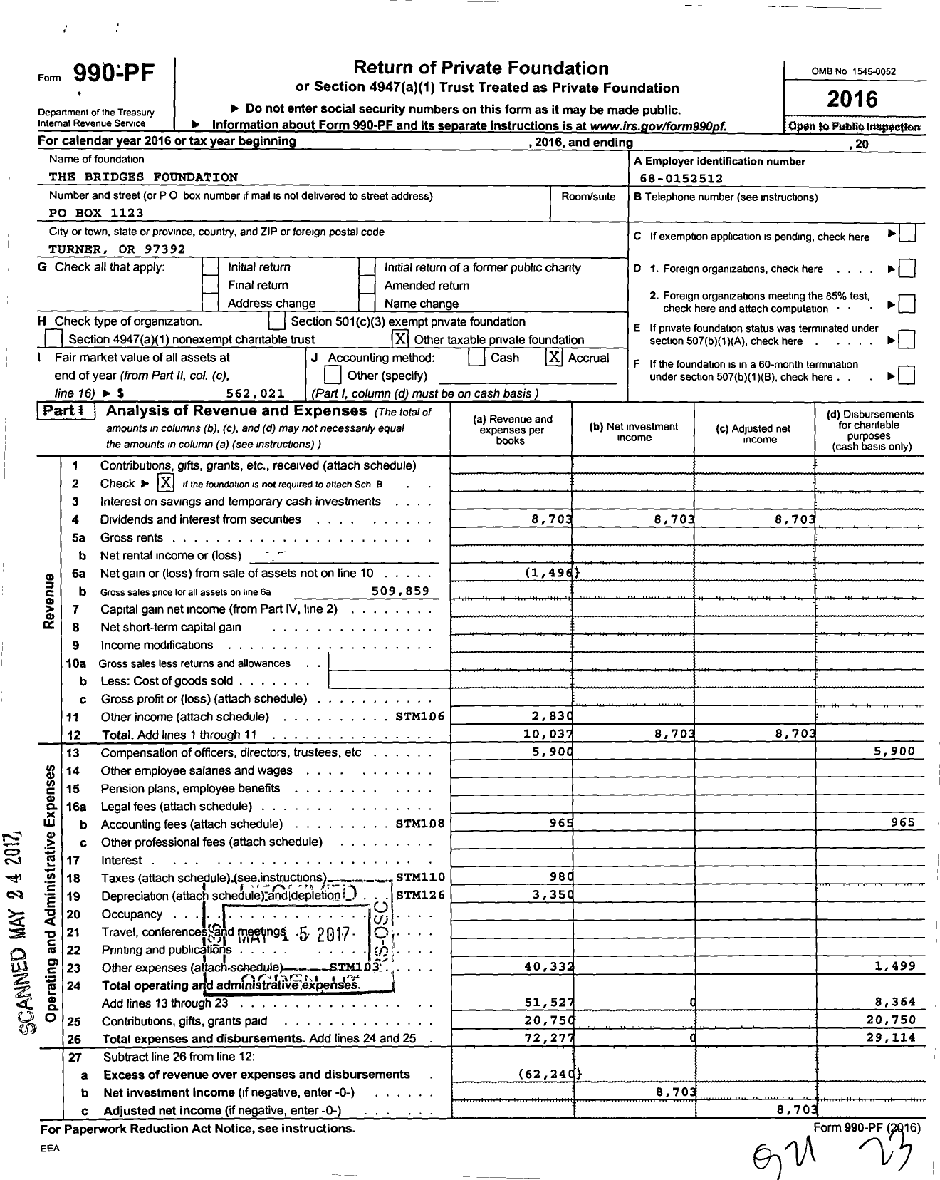 Image of first page of 2016 Form 990PF for The Bridges Foundation