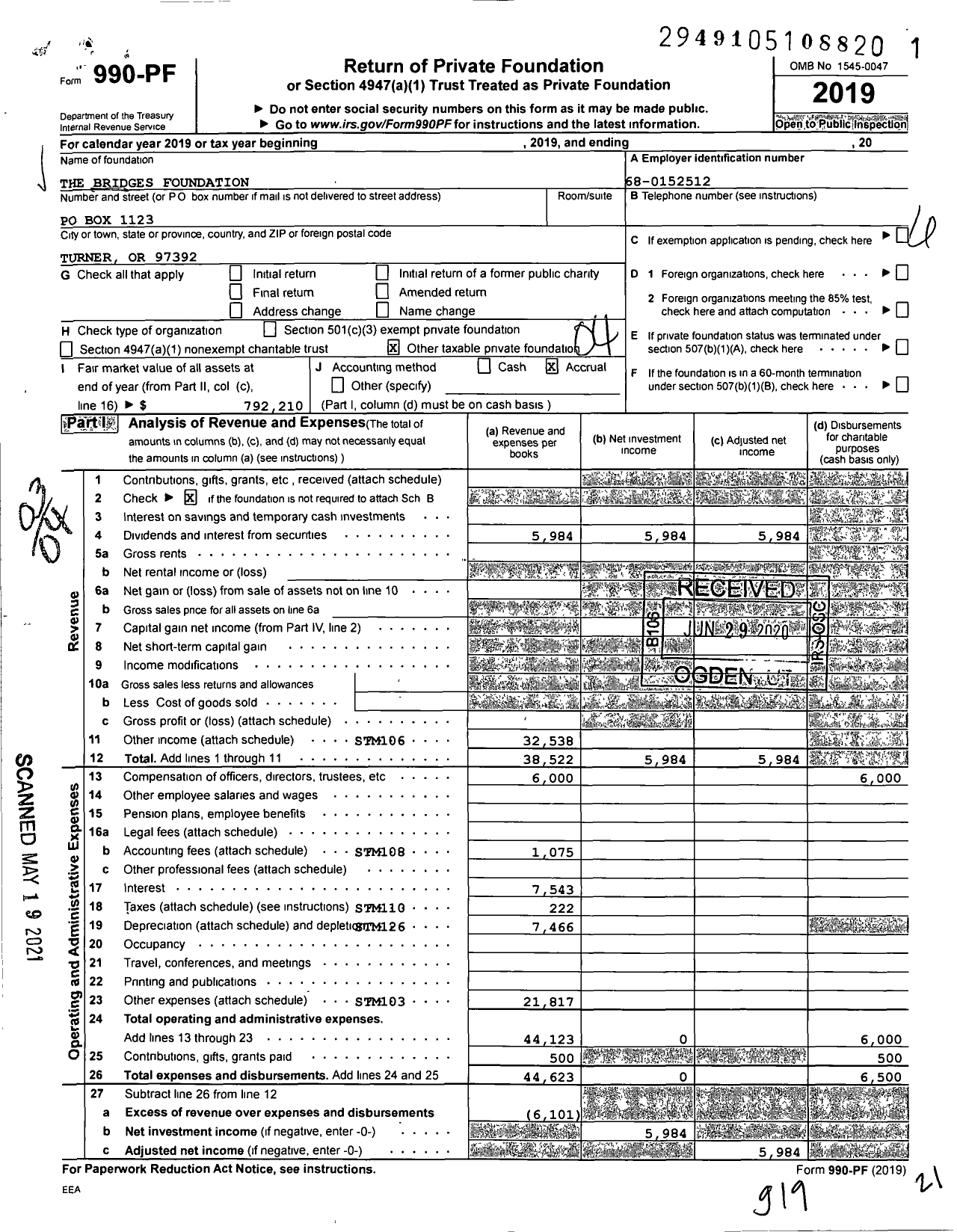 Image of first page of 2019 Form 990PF for The Bridges Foundation