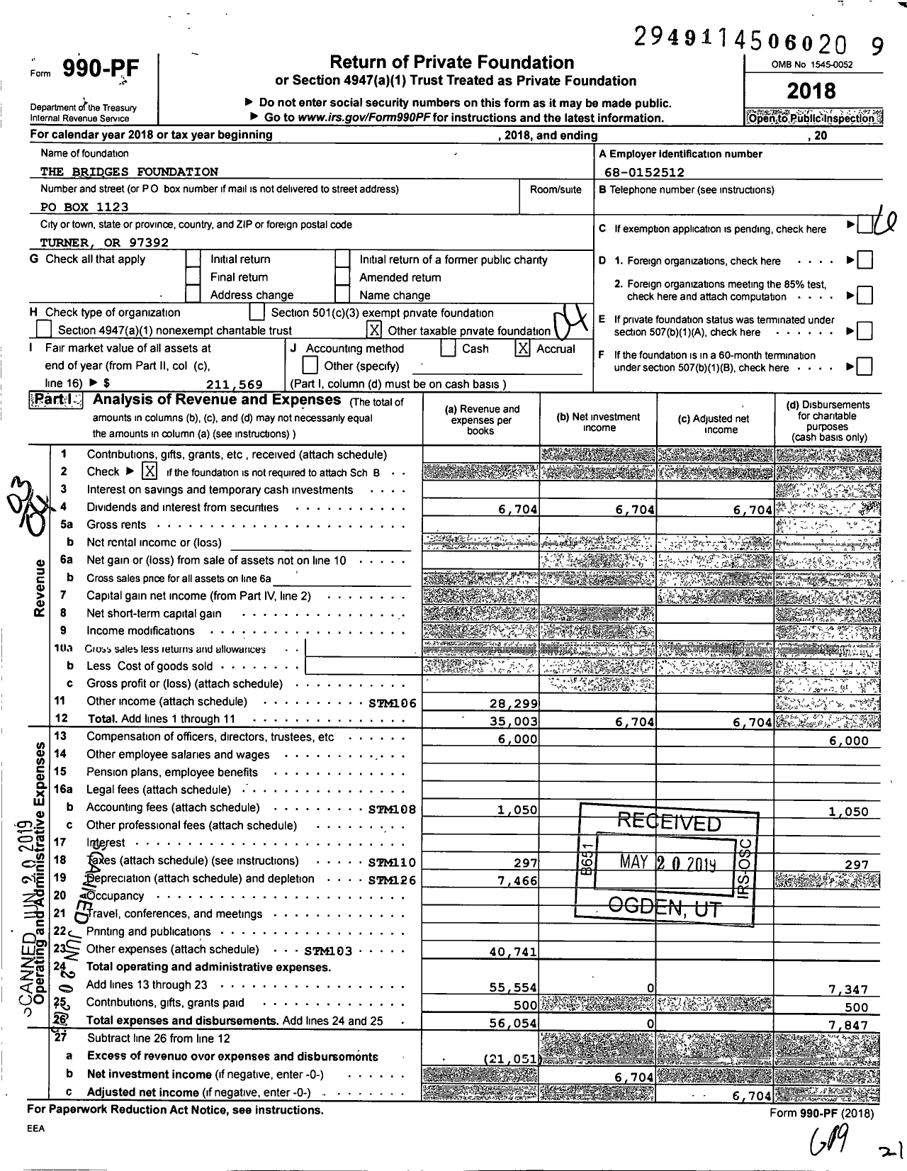 Image of first page of 2018 Form 990PF for The Bridges Foundation