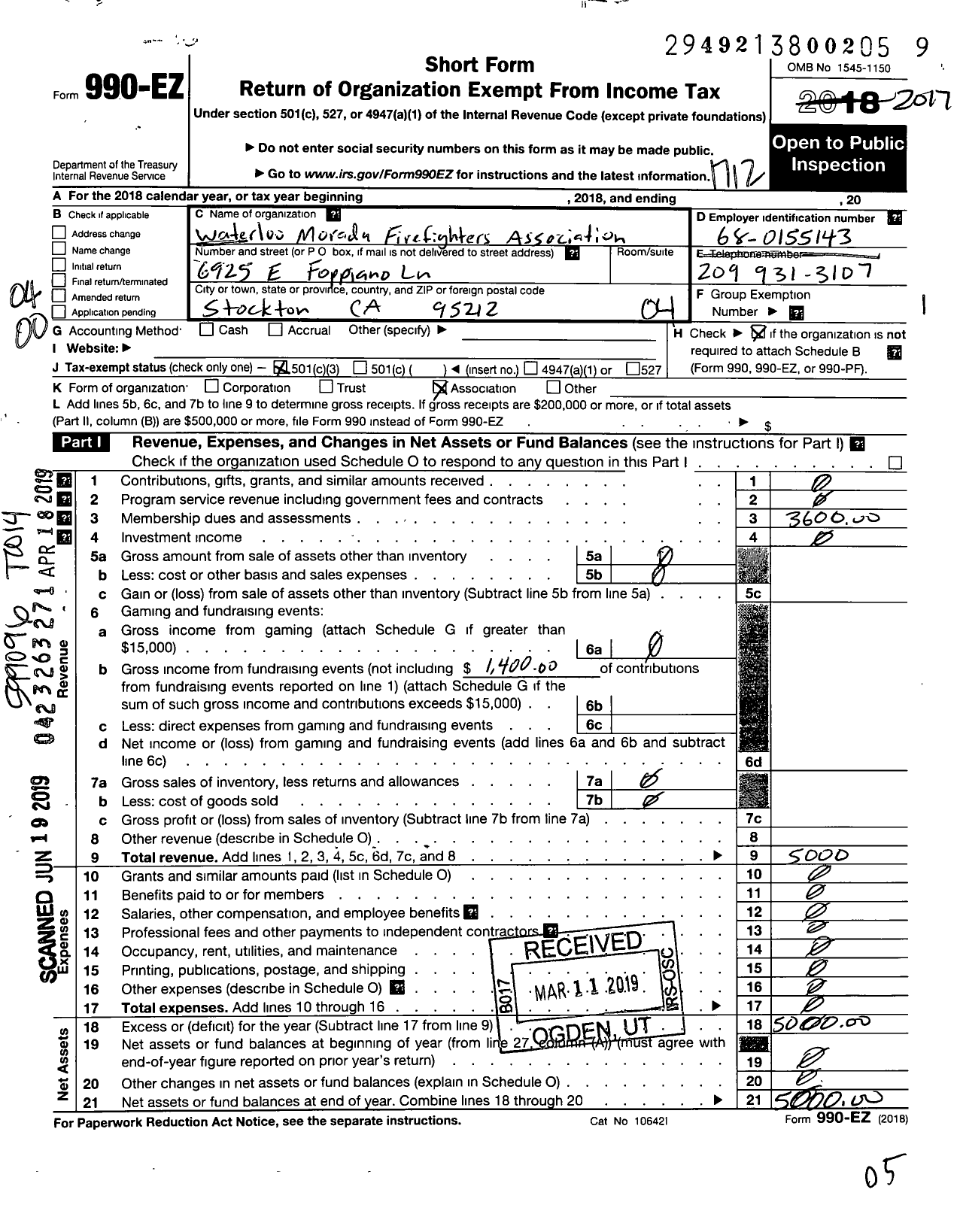 Image of first page of 2017 Form 990EO for Waterloo Morada Firefighters Association