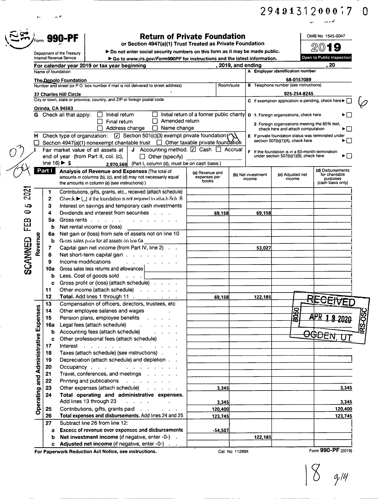 Image of first page of 2019 Form 990PF for The Depolo Foundation