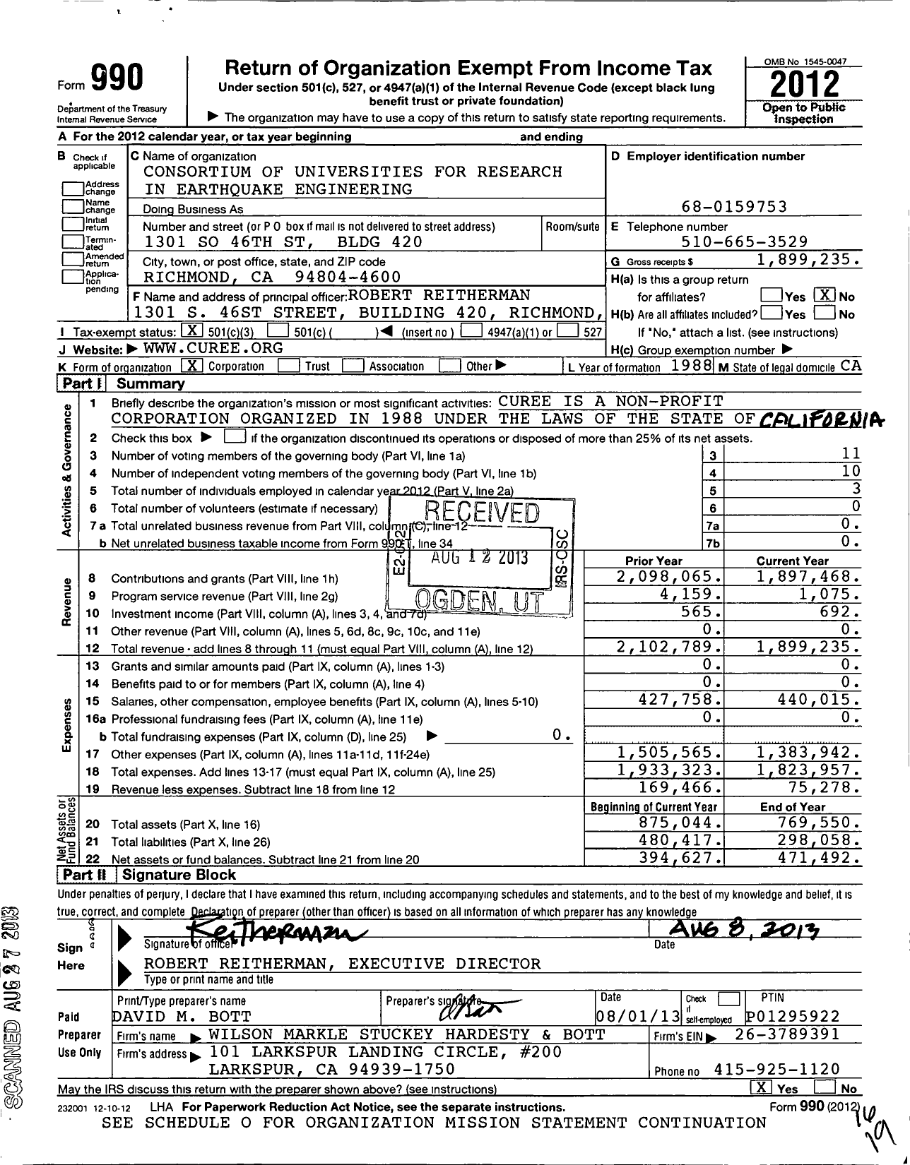 Image of first page of 2012 Form 990 for Consortium of Universities for Research in Earthquake Engineering