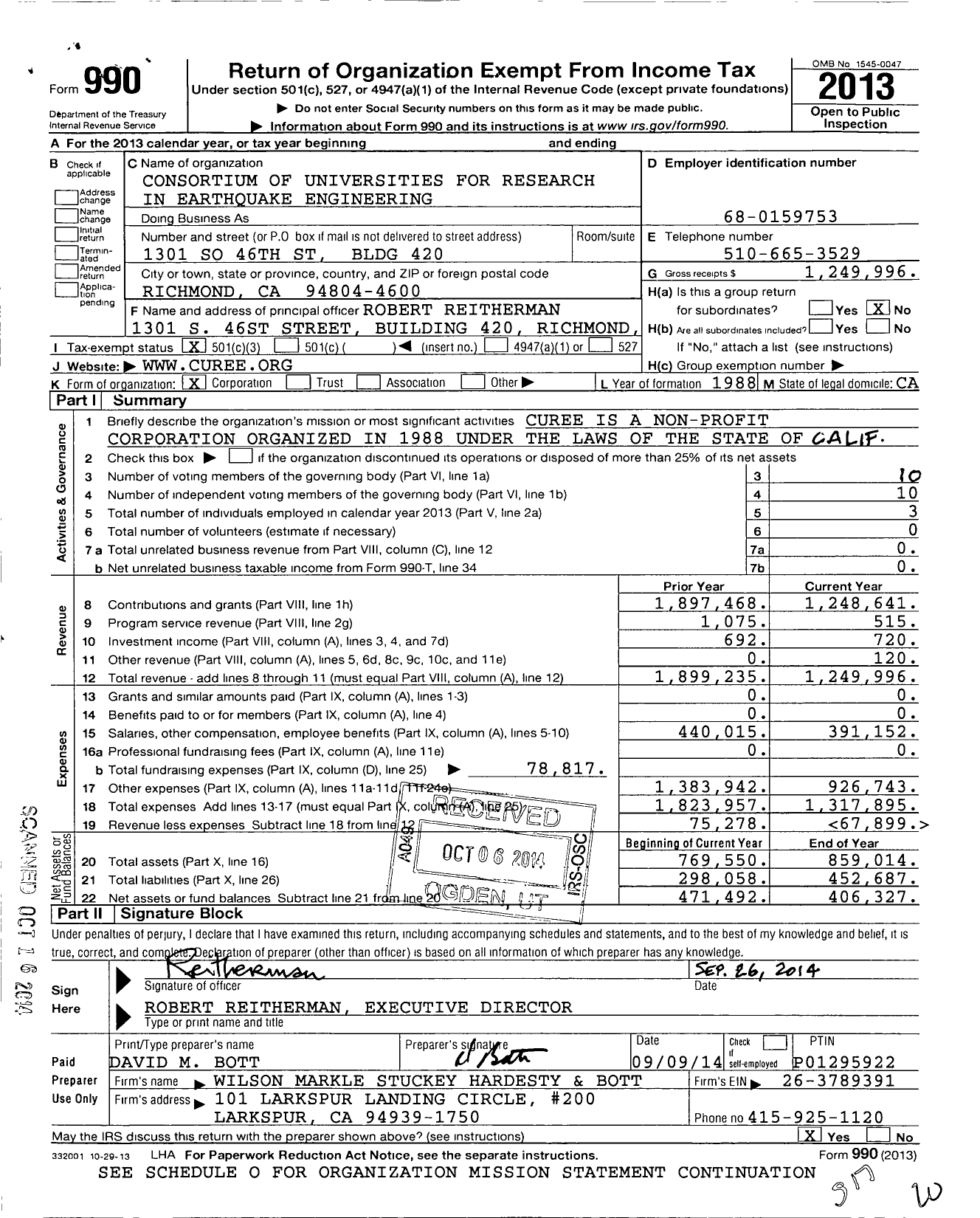 Image of first page of 2013 Form 990 for Consortium of Universities for Research in Earthquake Engineering