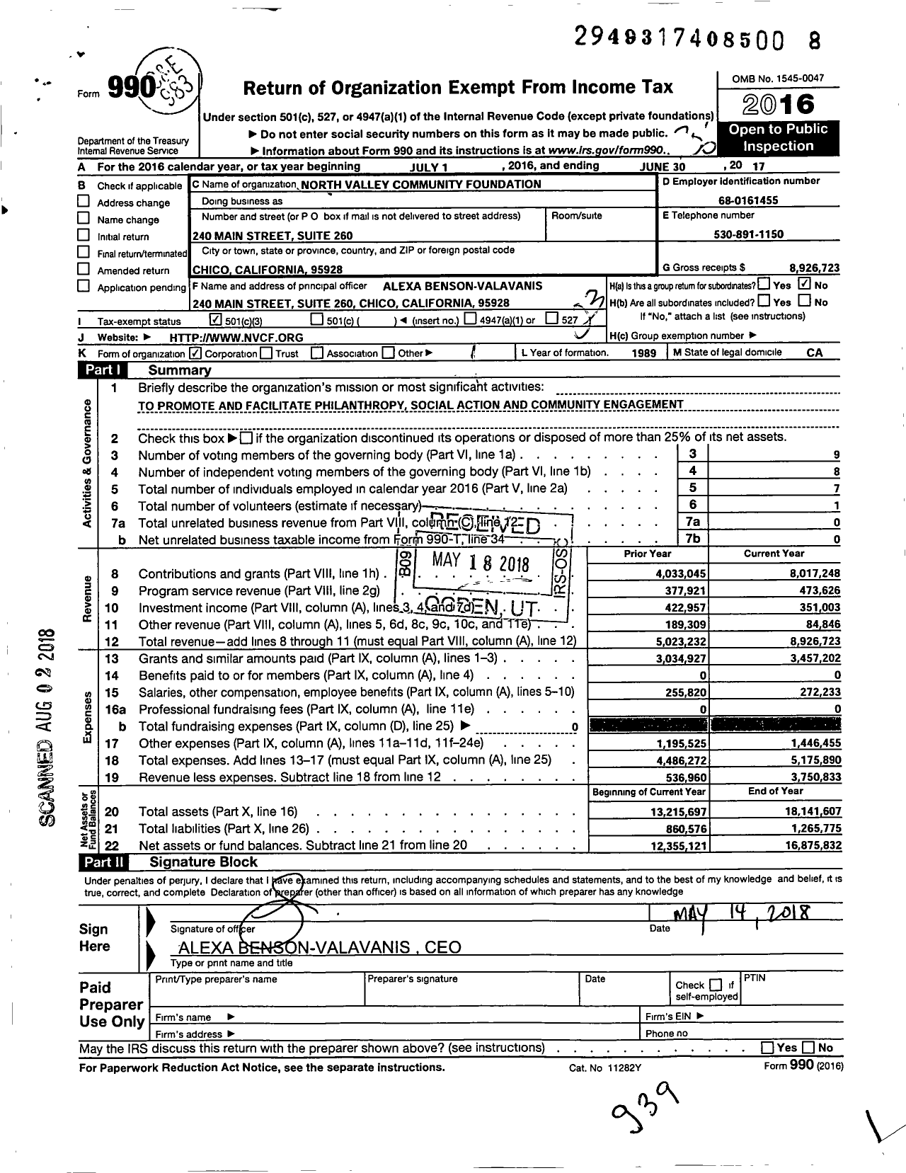 Image of first page of 2016 Form 990 for North Valley Community Foundation (NVCF)
